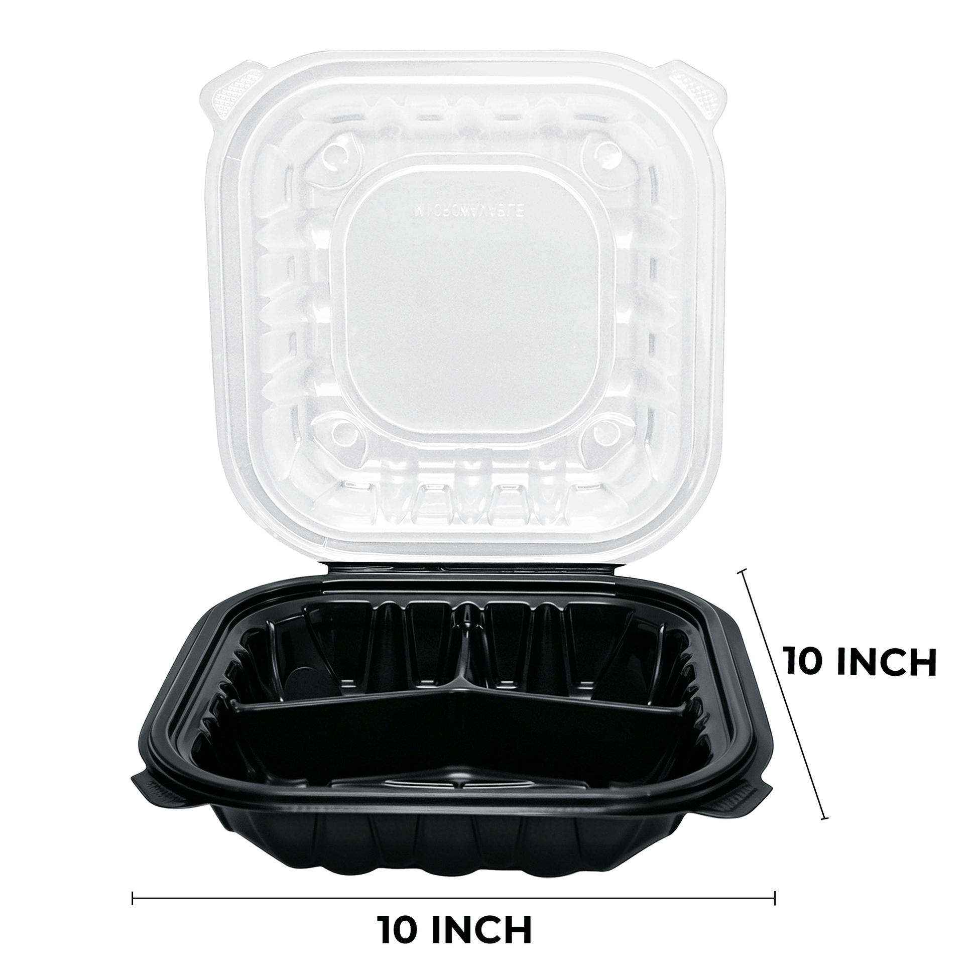 [150ct] 10" x 10" x 3" Premium PP Hinged Food Containers | 3 - Compartment | Clear and Black - Biocean by Danube BlueBiocean