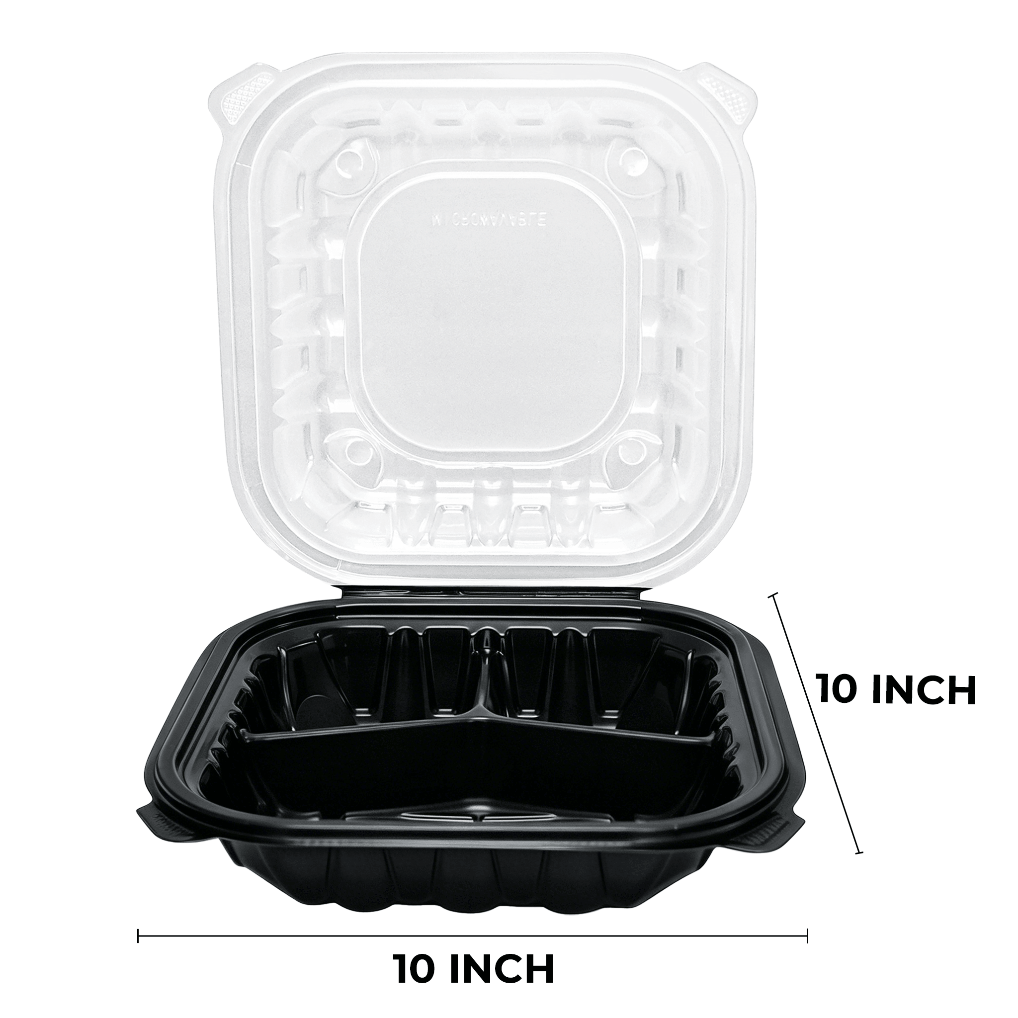 [150ct] 10" x 10" x 3" Premium PP Hinged Food Containers | 3 - Compartment | Clear and Black - Biocean by Danube BlueBiocean