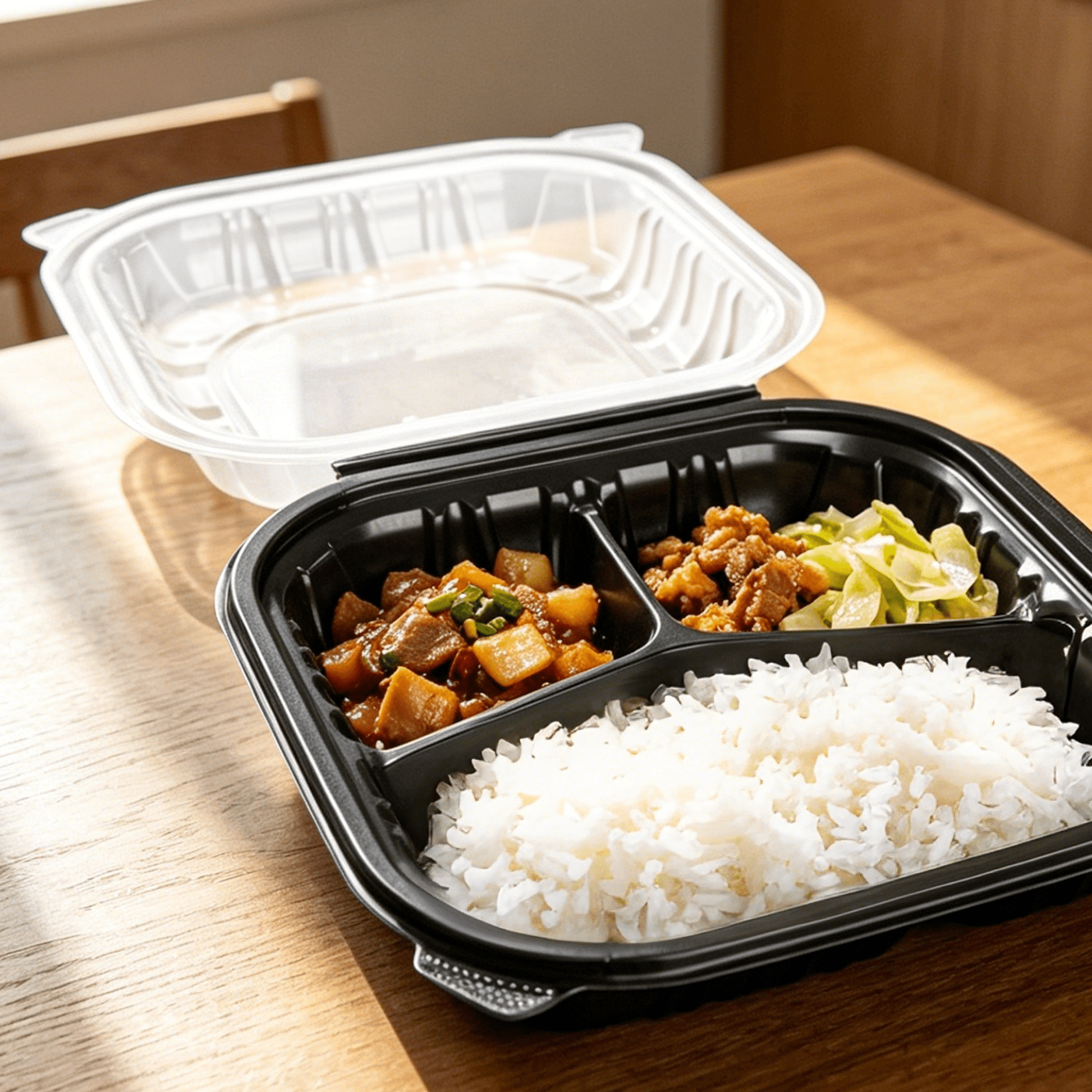 [150ct] 10" x 10" x 3" Premium PP Hinged Food Containers | 3 - Compartment | Clear and Black - Biocean by Danube BlueBiocean