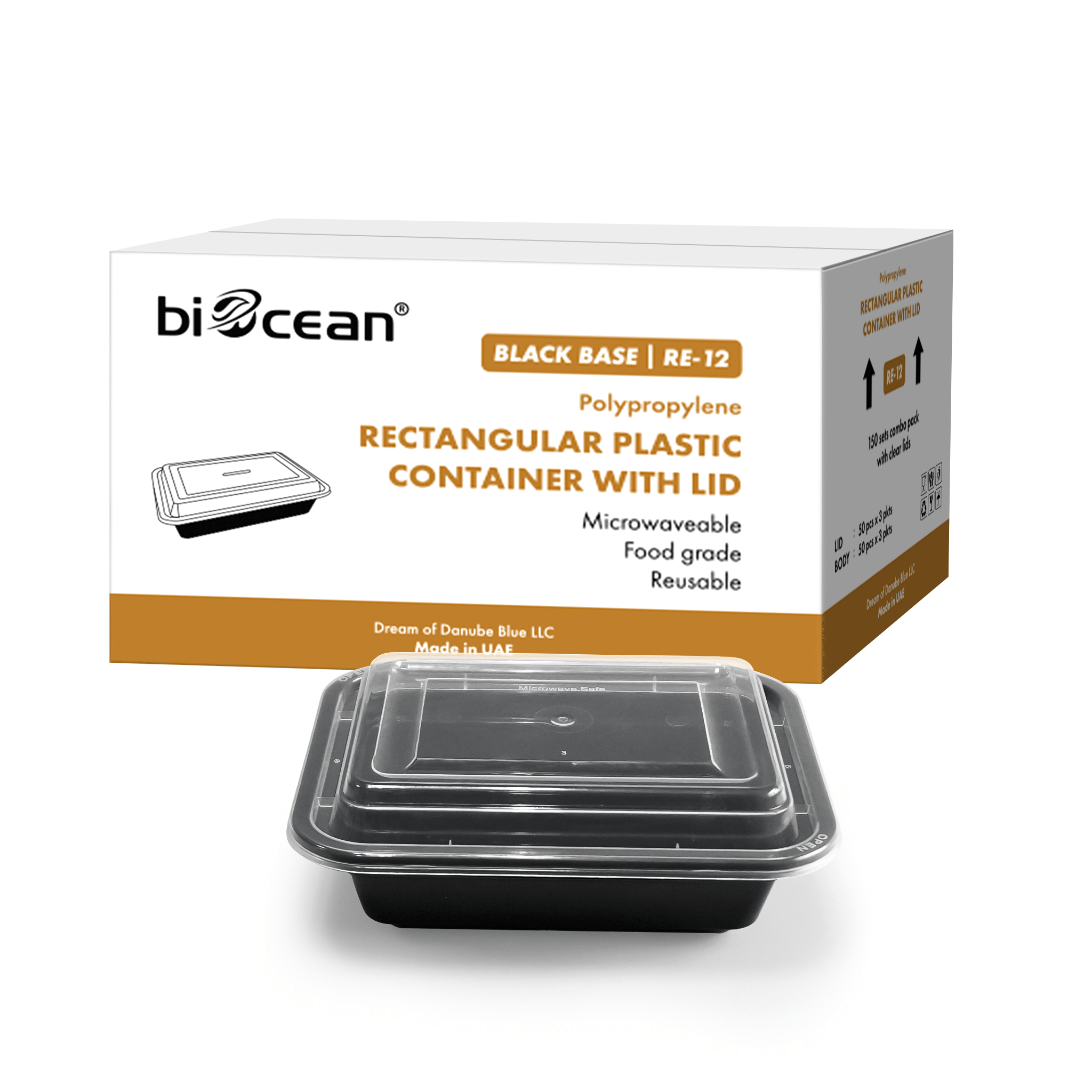 [150ct] 12 oz PP Plastic Microwavable take - out Containers & Lids | Rectangular | Black - Biocean by Danube BlueBiocean