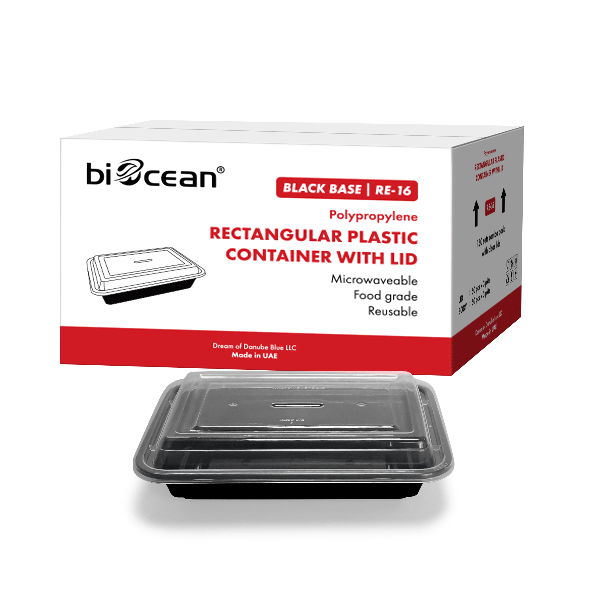 [150ct] 16 oz PP Plastic Microwavable take - out Containers & Lids | Rectangular | Black - Biocean by Danube BlueBiocean