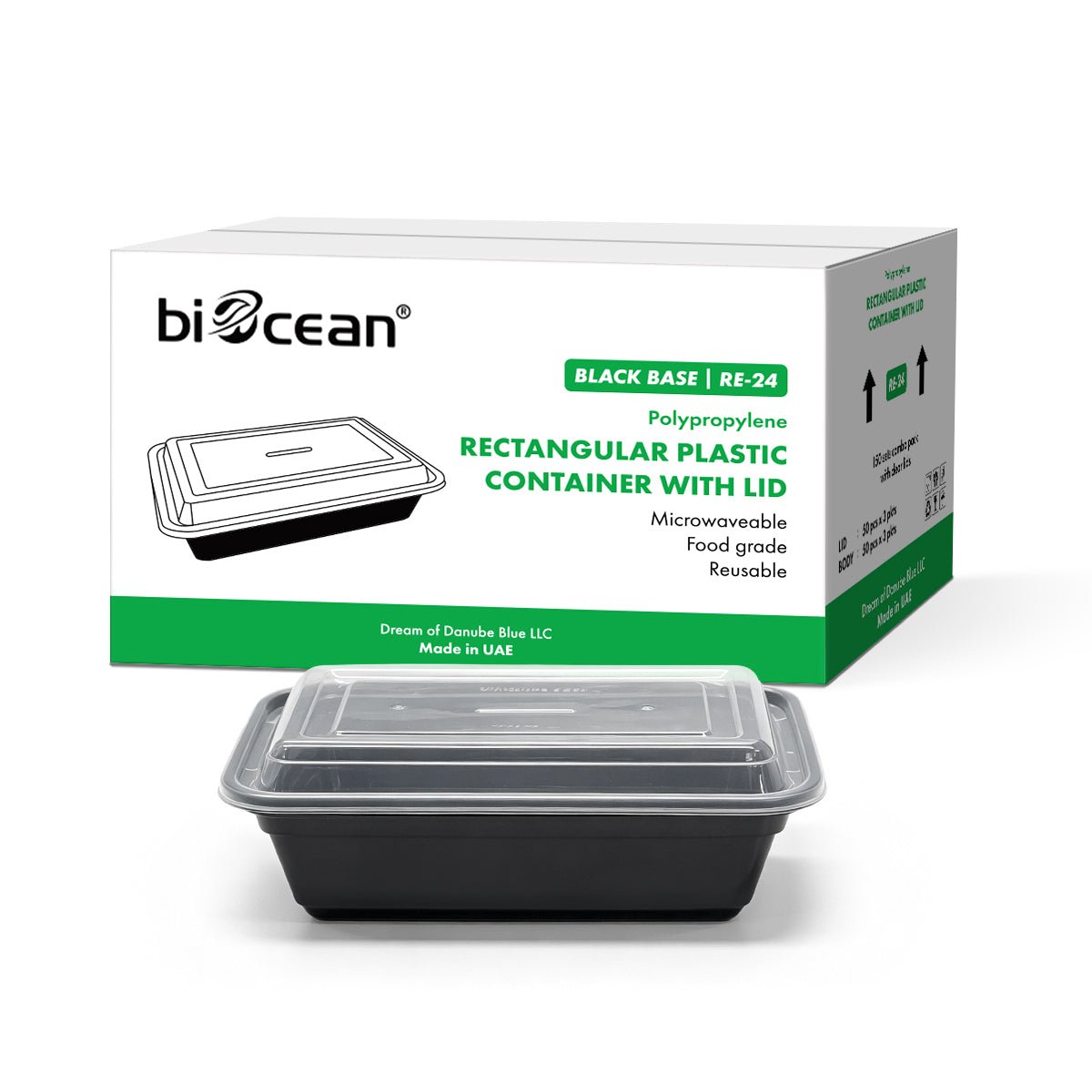 [150ct] 24 oz PP Plastic Microwavable take - out Containers & Lids | Rectangular | Black - Biocean by Danube BlueBiocean