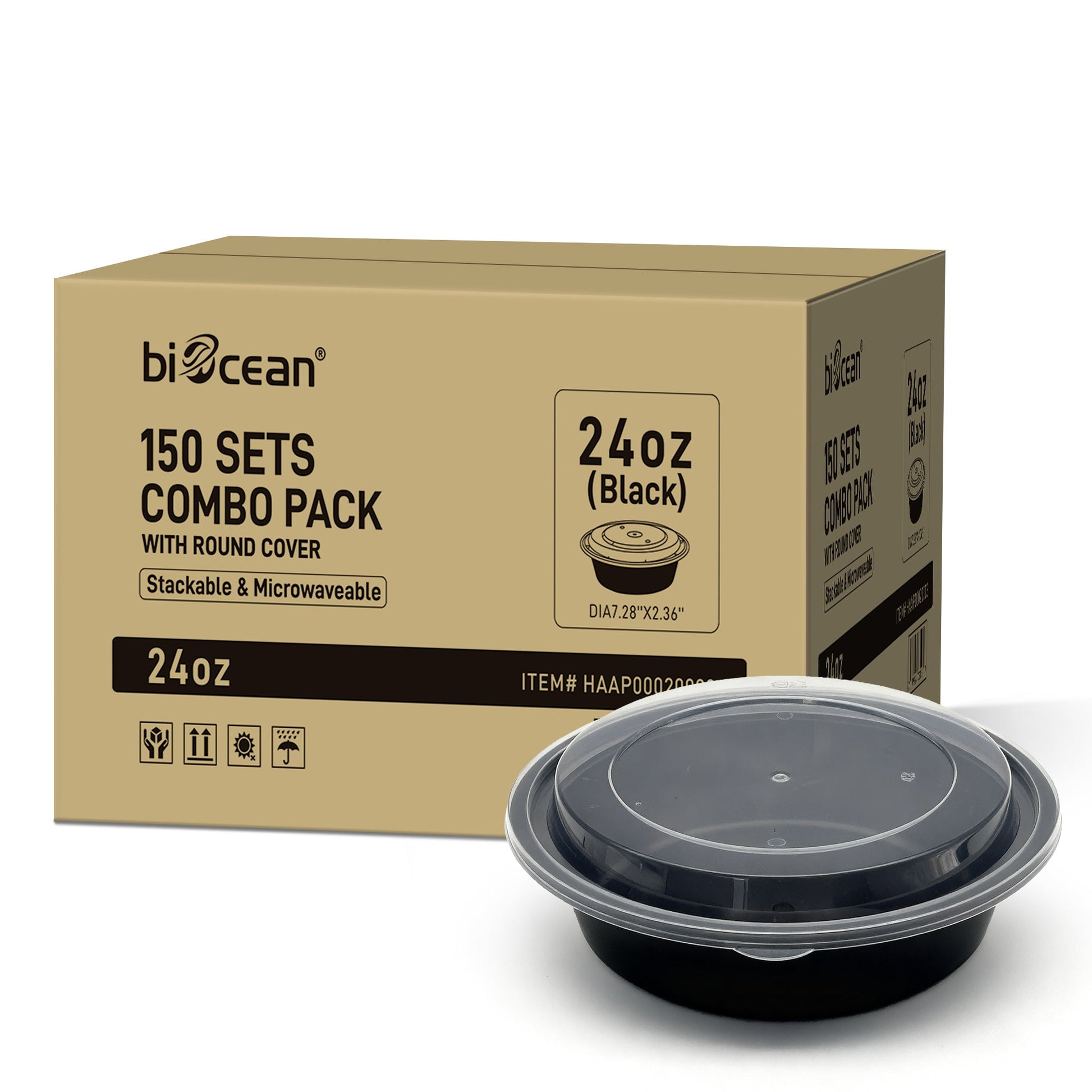 [150ct] 24 oz PP Plastic Microwaveable Takeout Containers & Lids | Round | Black - Biocean by Danube BlueBiocean