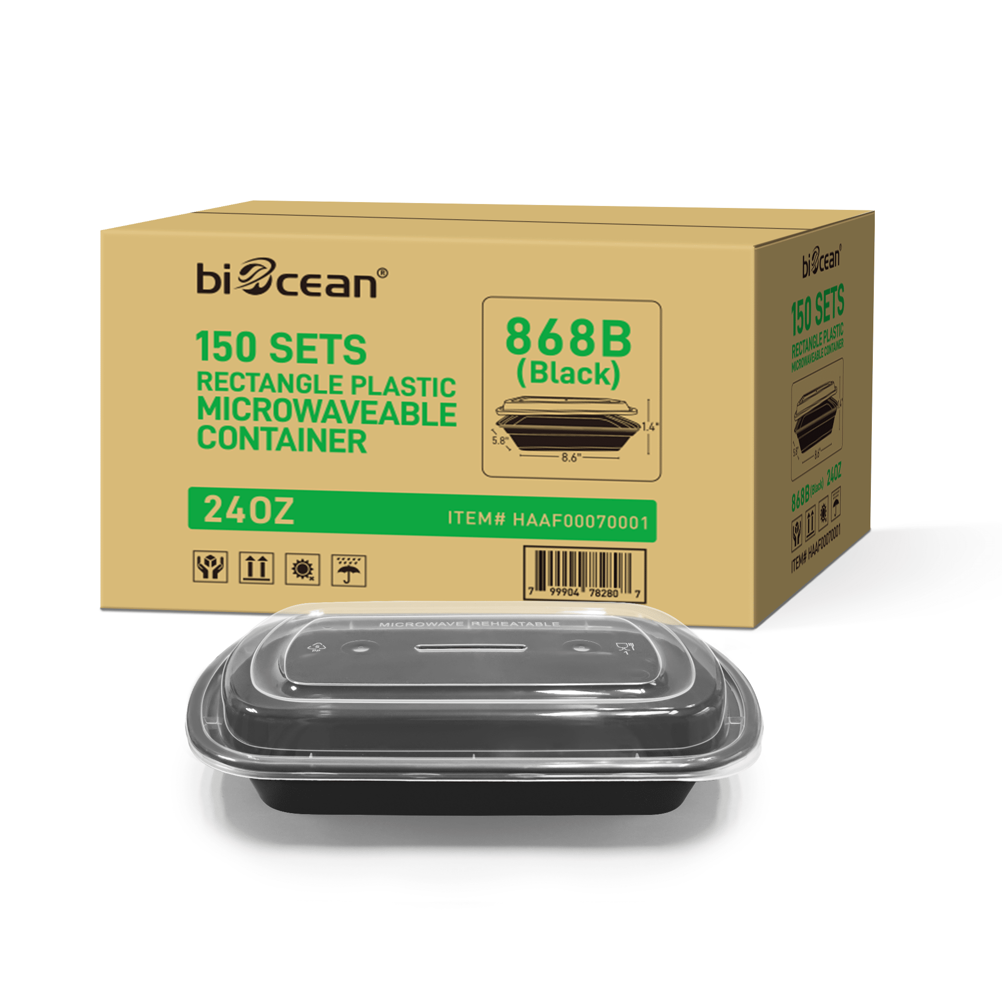 [150ct] 24oz PP Plastic Microwavable Rectangular Food Containers & Lids | Black - Biocean by Danube BlueBiocean