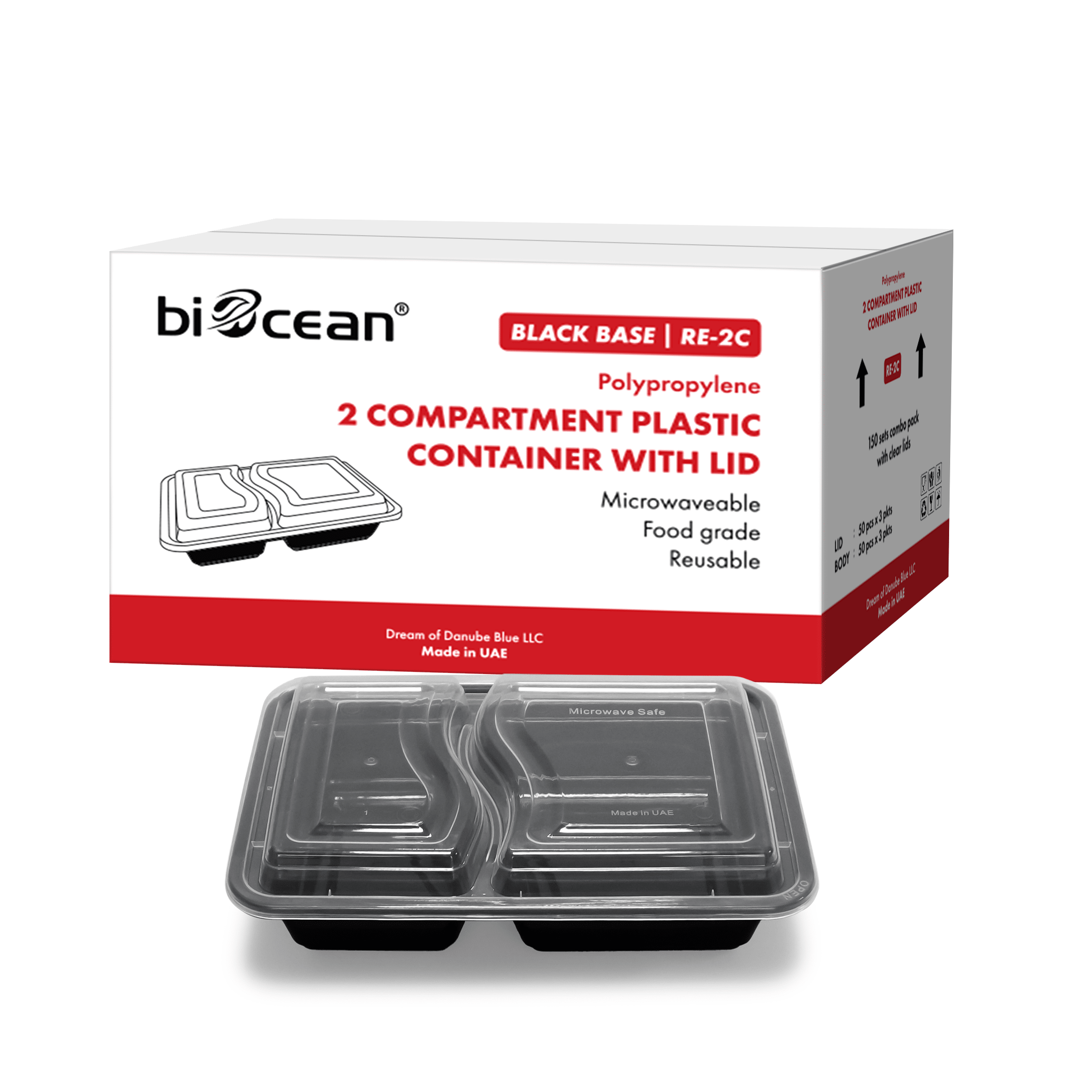 [150ct] 28 oz PP Plastic Microwavable Heavy Weight Containers & Lids | 2 - compartment | Black - Biocean by Danube BlueBiocean