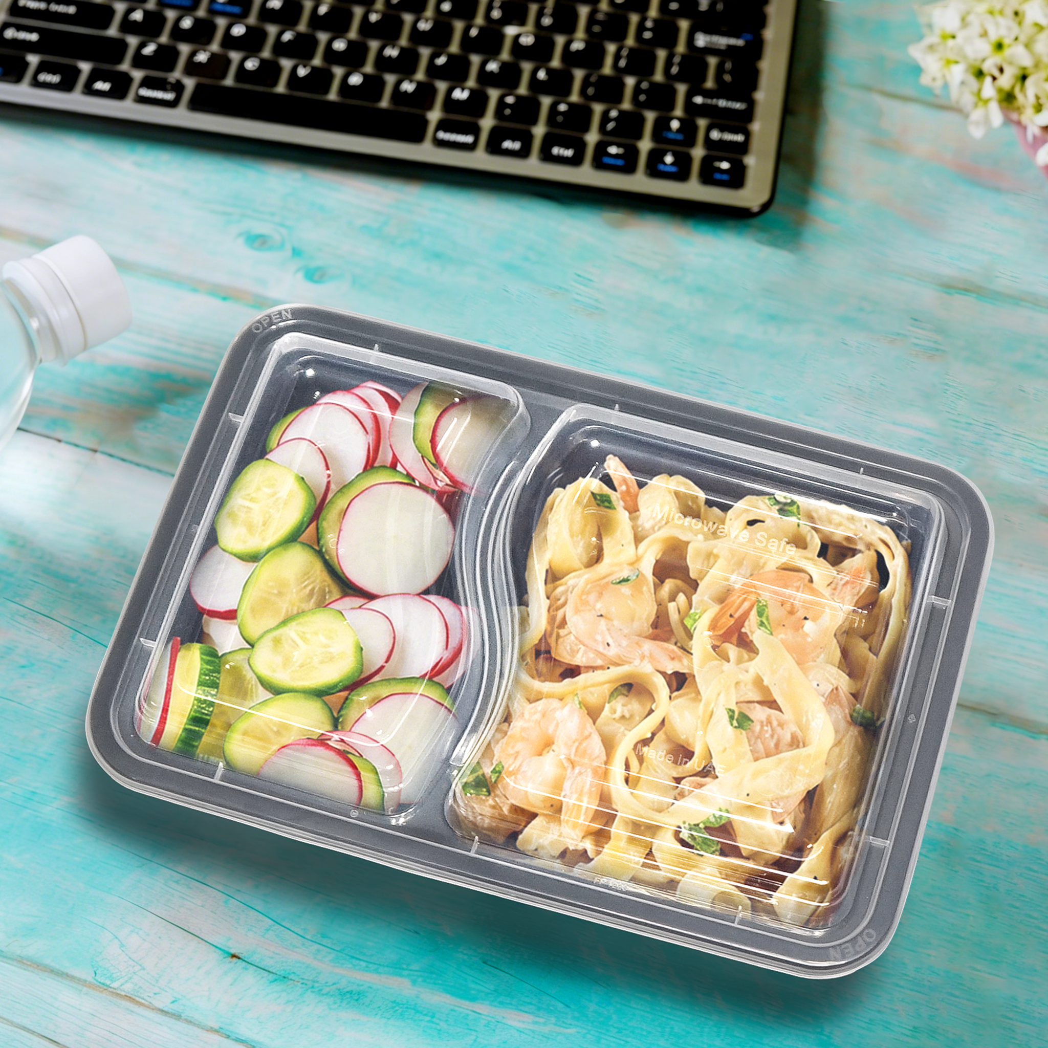 [150ct] 28 oz PP Plastic Microwavable Heavy Weight Containers & Lids | 2 - compartment | Black - Biocean by Danube BlueBiocean