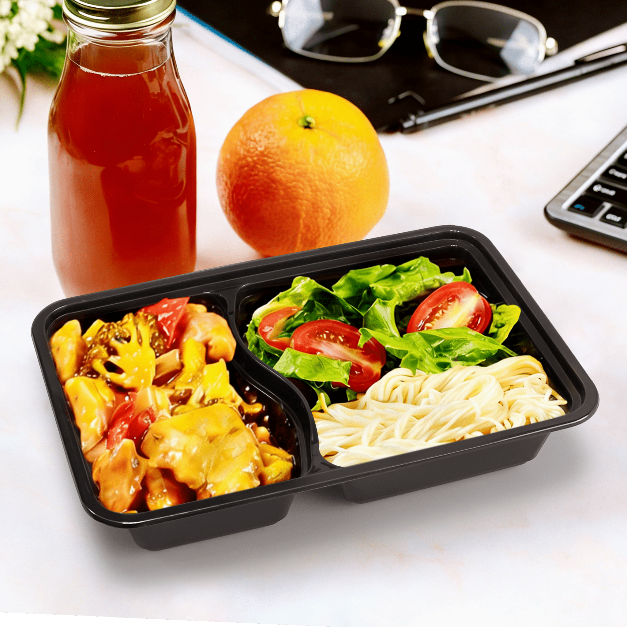 [150ct] 28 oz PP Plastic Microwavable Heavy Weight Containers & Lids | 2 - compartment | Black - Biocean by Danube BlueBiocean