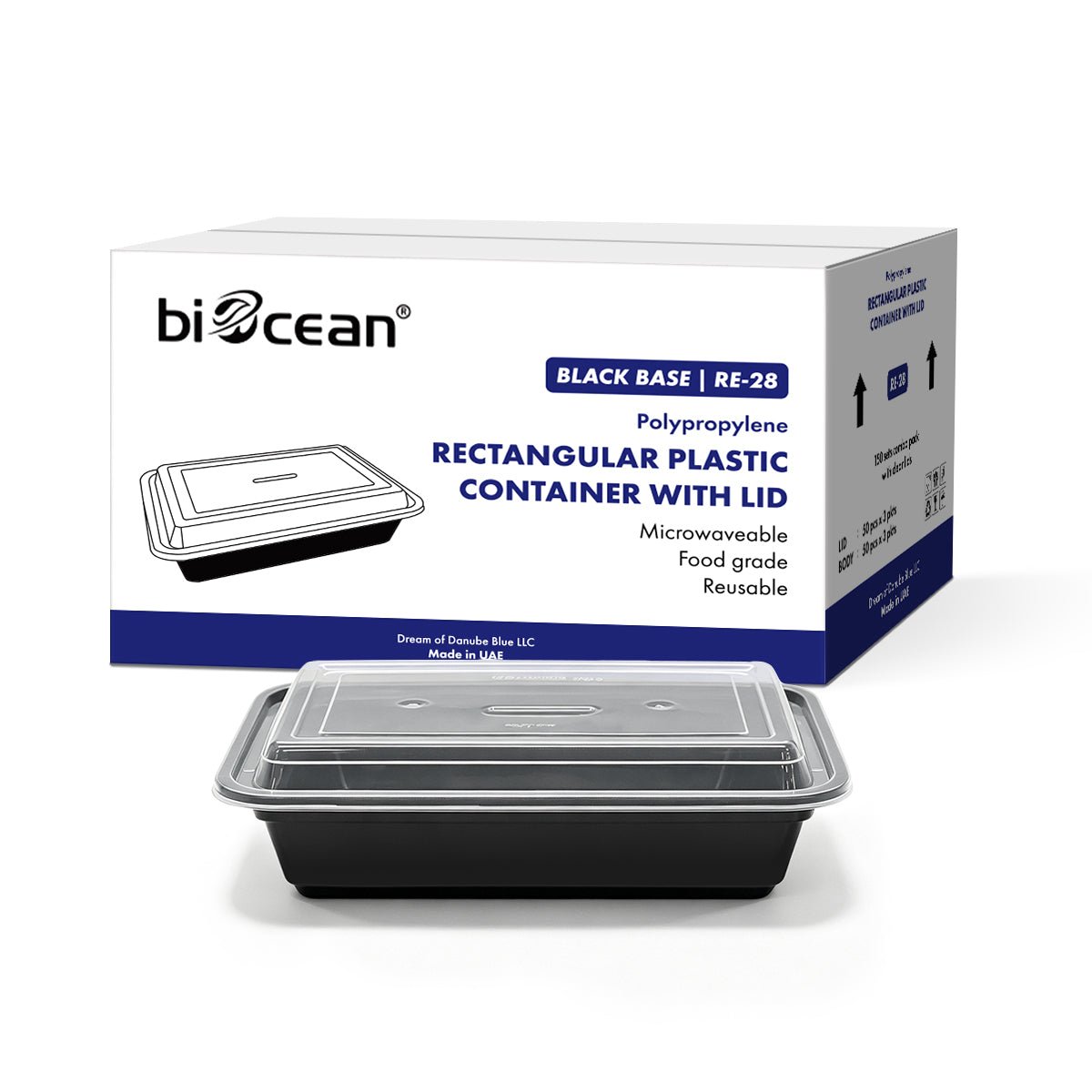 [150ct] 28 oz PP Plastic Microwavable take - out Containers & Lids | Rectangular | Black - Biocean by Danube BlueBiocean