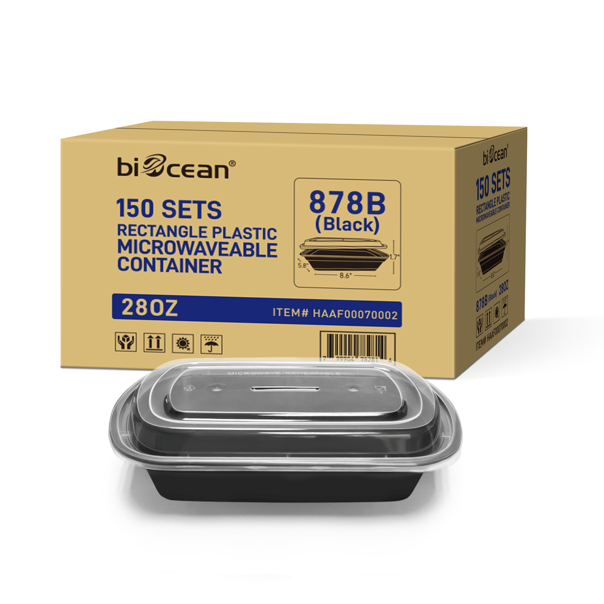 [150ct] 28oz PP Plastic Microwavable Rectangular Food Containers & Lids | Black - Biocean by Danube BlueBiocean