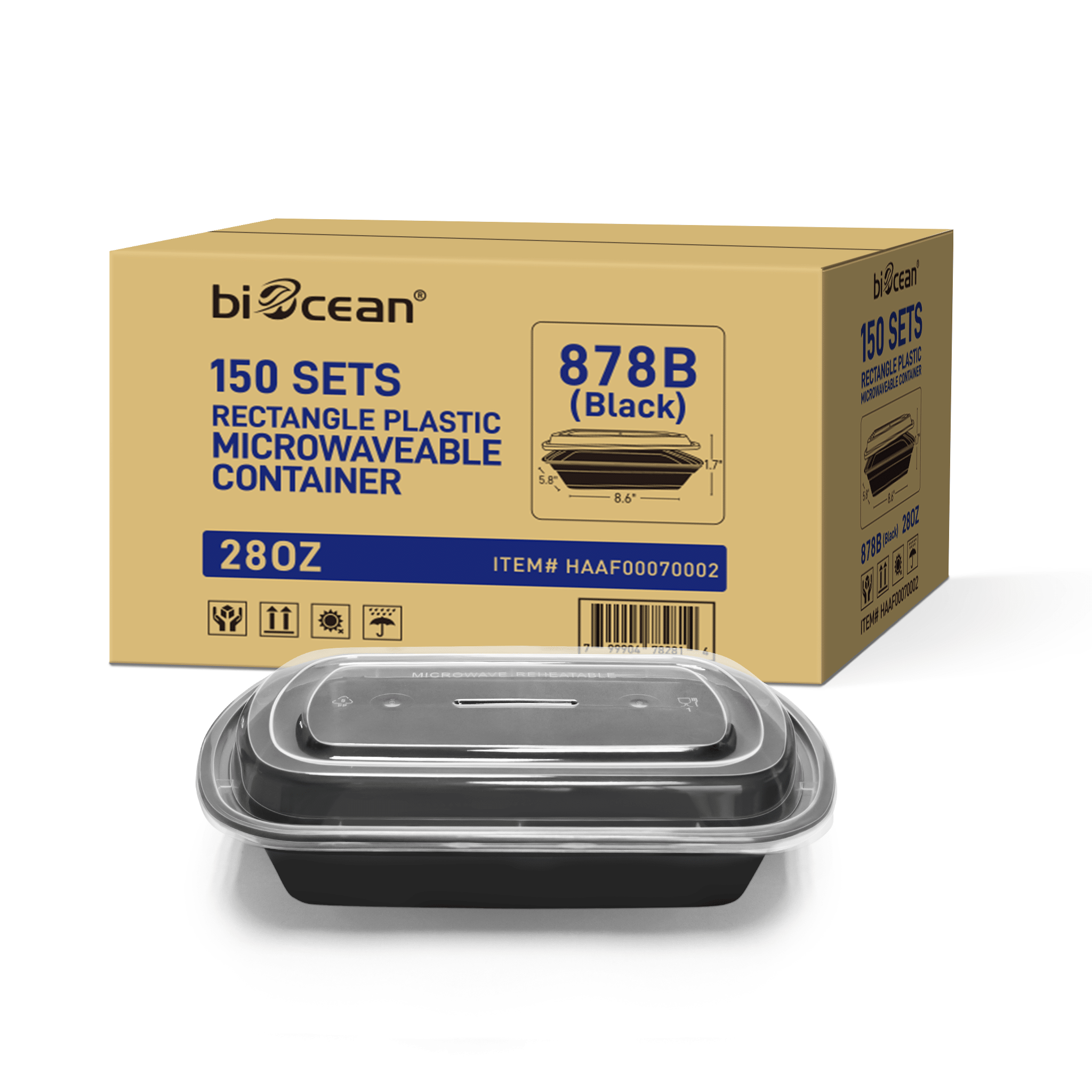 [150ct] 28oz PP Plastic Microwavable Rectangular Food Containers & Lids | Black - Biocean by Danube BlueBiocean