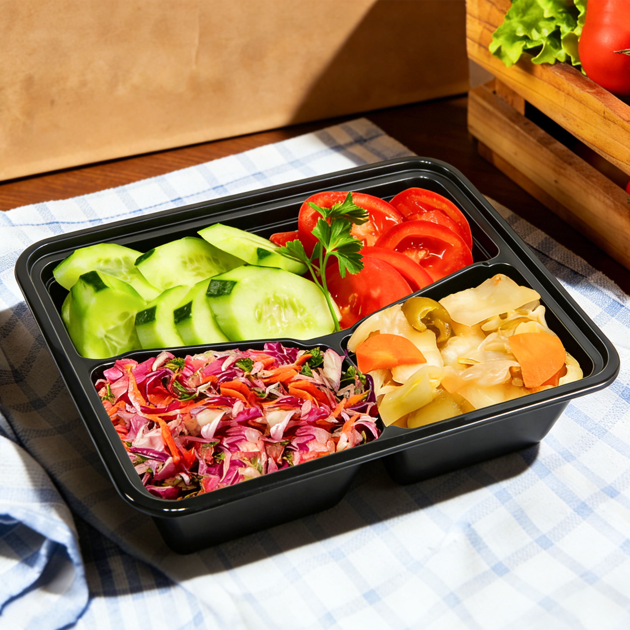 [150ct] 32 oz PP Plastic Microwavable Heavy Weight Containers & Lids | 3 - compartment | Black - Biocean by Danube BlueBiocean