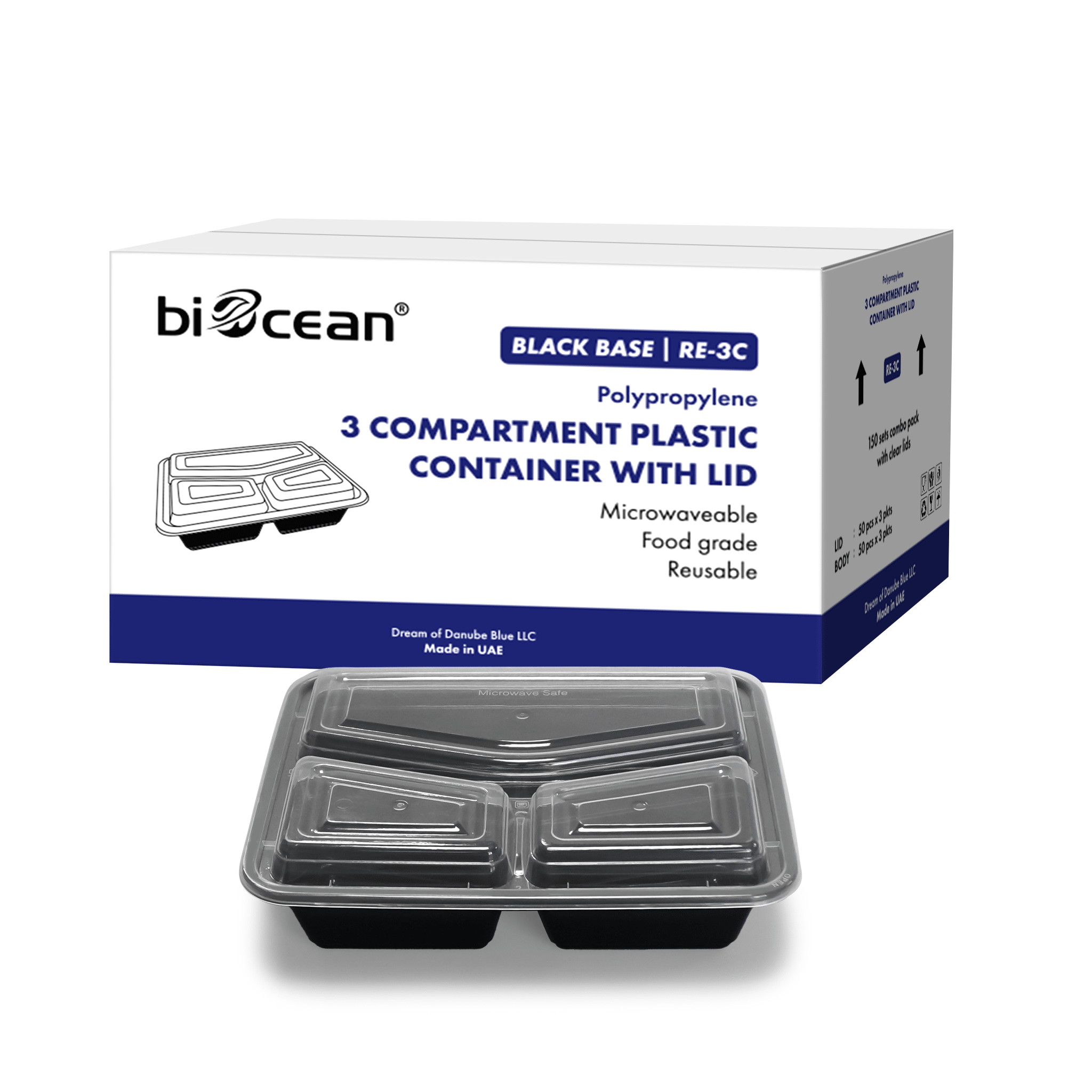 [150ct] 32 oz PP Plastic Microwavable Heavy Weight Containers & Lids | 3 - compartment | Black - Biocean by Danube BlueBiocean