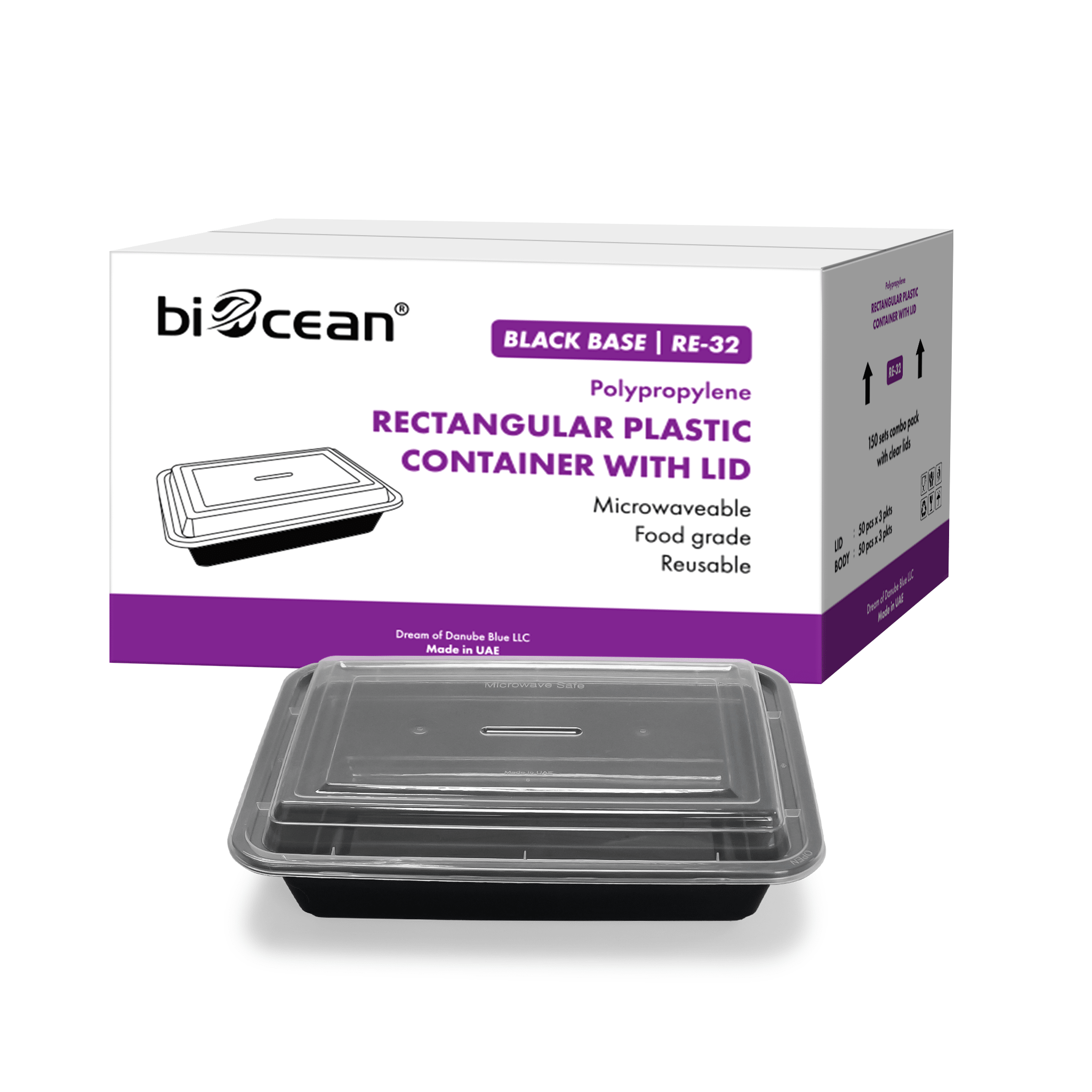 [150ct] 32 oz PP Plastic Microwavable take - out Containers & Lids | Rectangular | Black - Biocean by Danube BlueBiocean