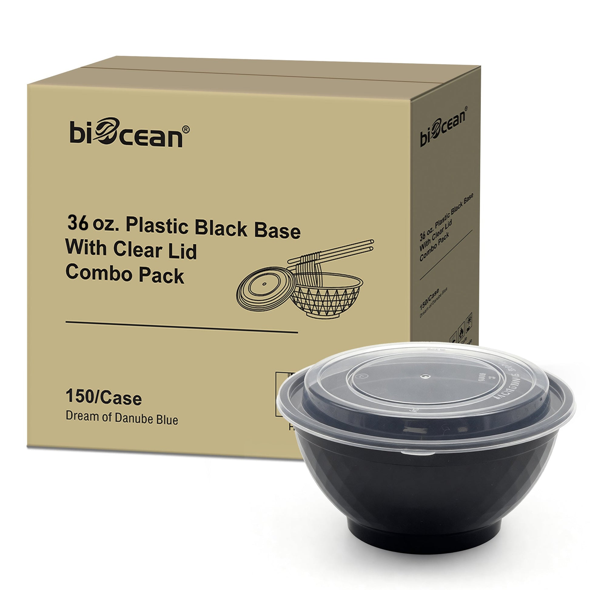 [150ct] 36 oz Microwaveable Heavy Weight Bowls & Lids | Round | Black - Biocean by Danube BlueBiocean