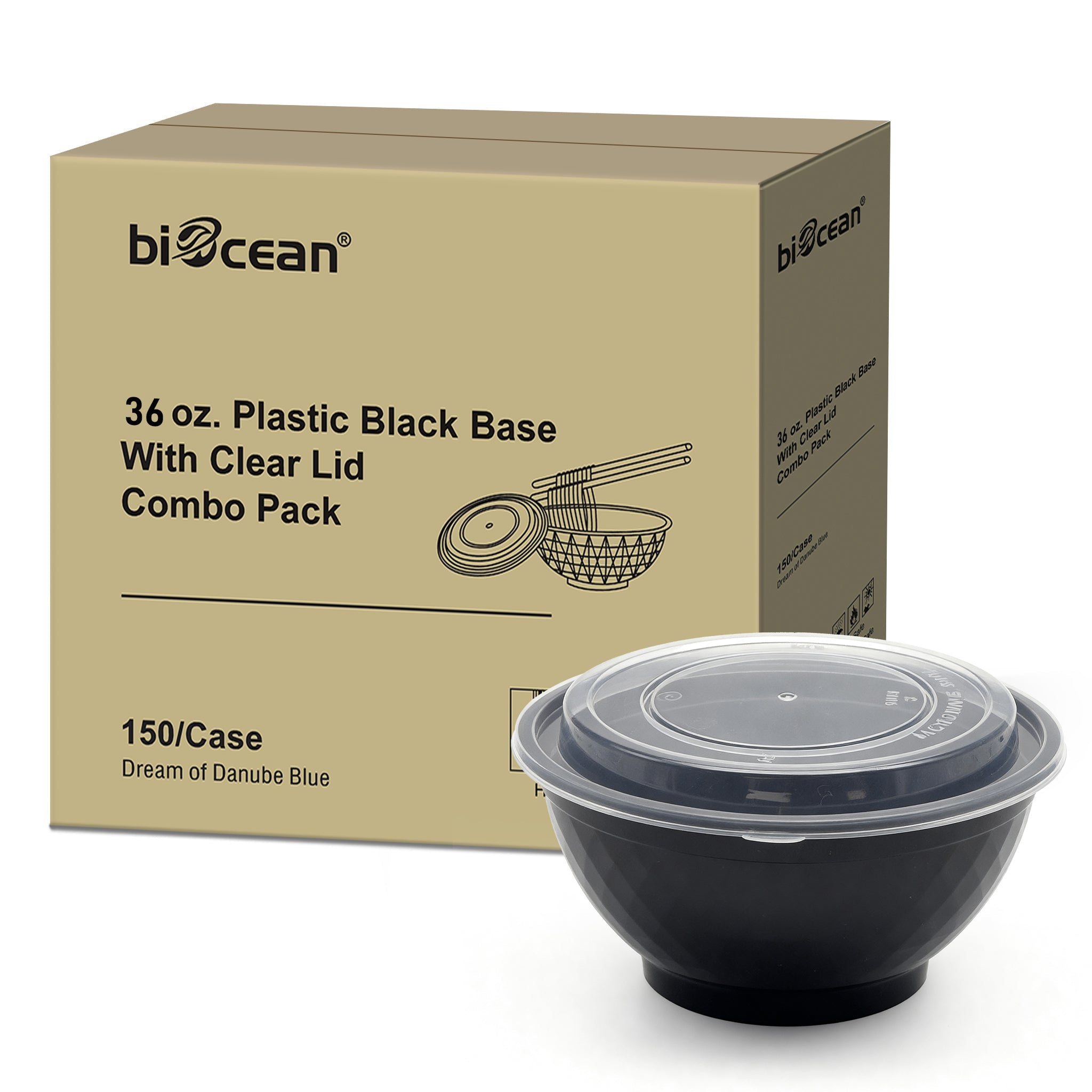 [150ct] 36 oz Microwaveable Heavy Weight Bowls & Lids | Round | Black - Biocean by Danube BlueBiocean