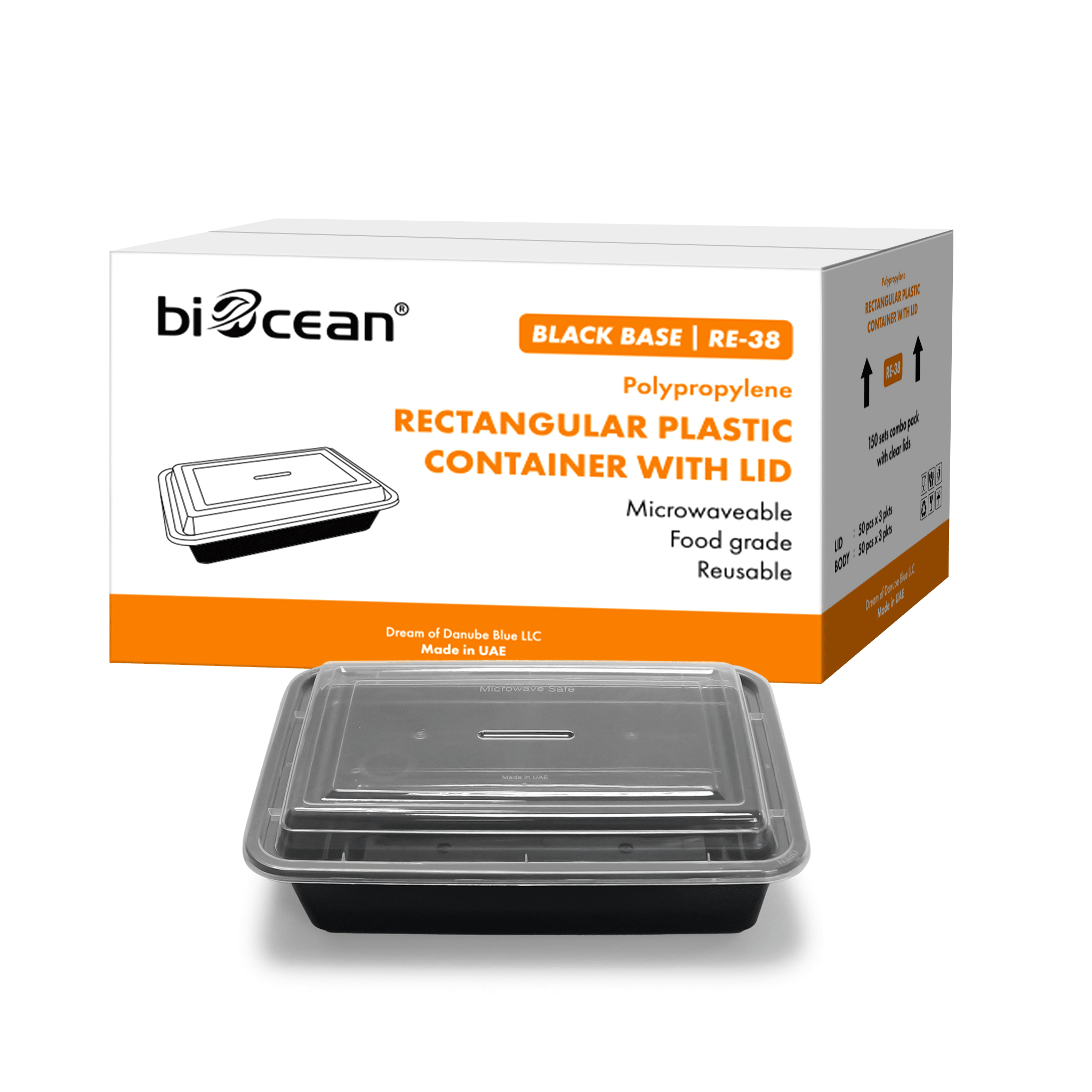[150ct] 38oz PP Plastic Microwavable take - out Containers & Lids | Rectangular | Black - Biocean by Danube BlueBiocean
