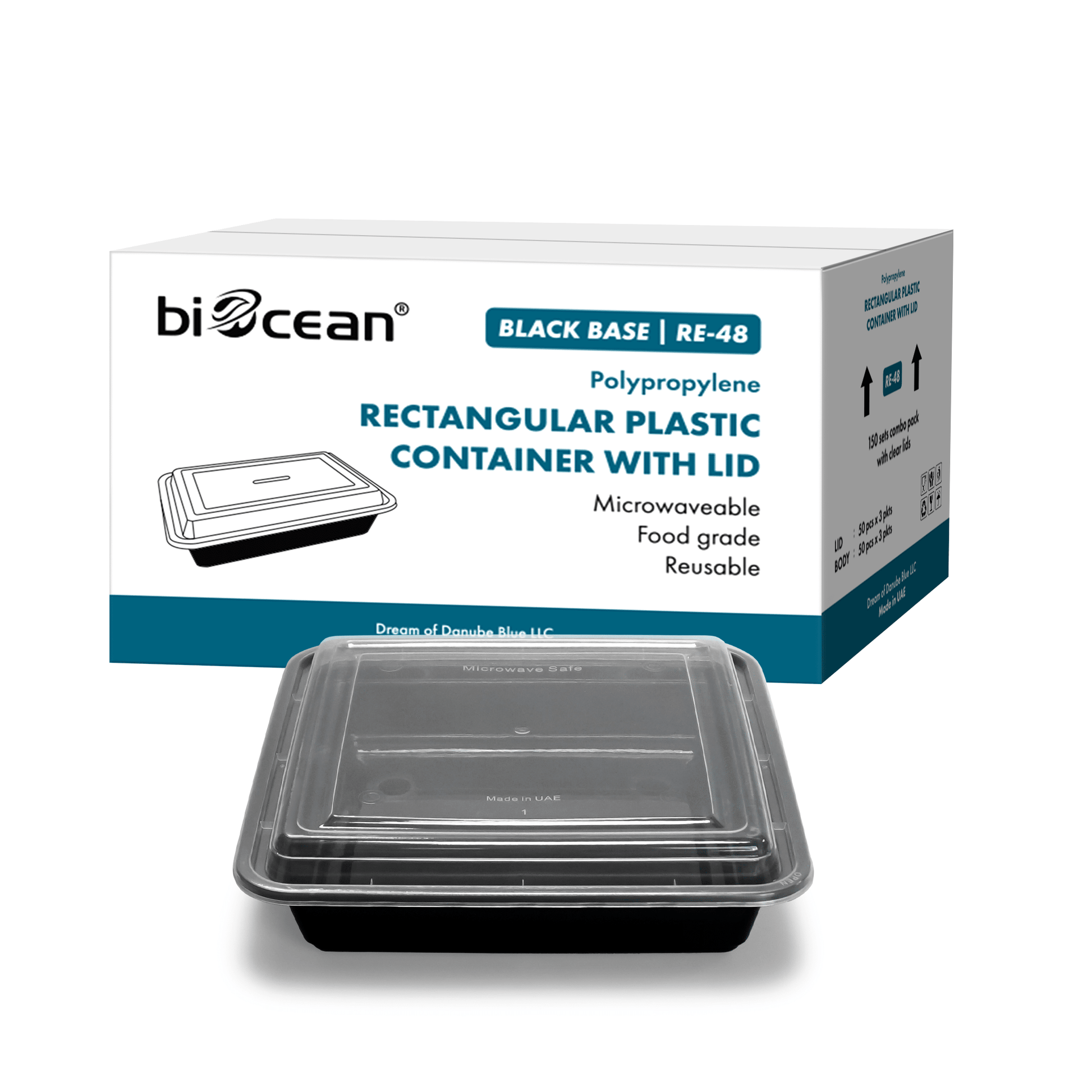 [150ct] 48 oz PP Plastic Microwavable take - out Containers & Lids | Rectangular | Black - Biocean by Danube BlueBiocean