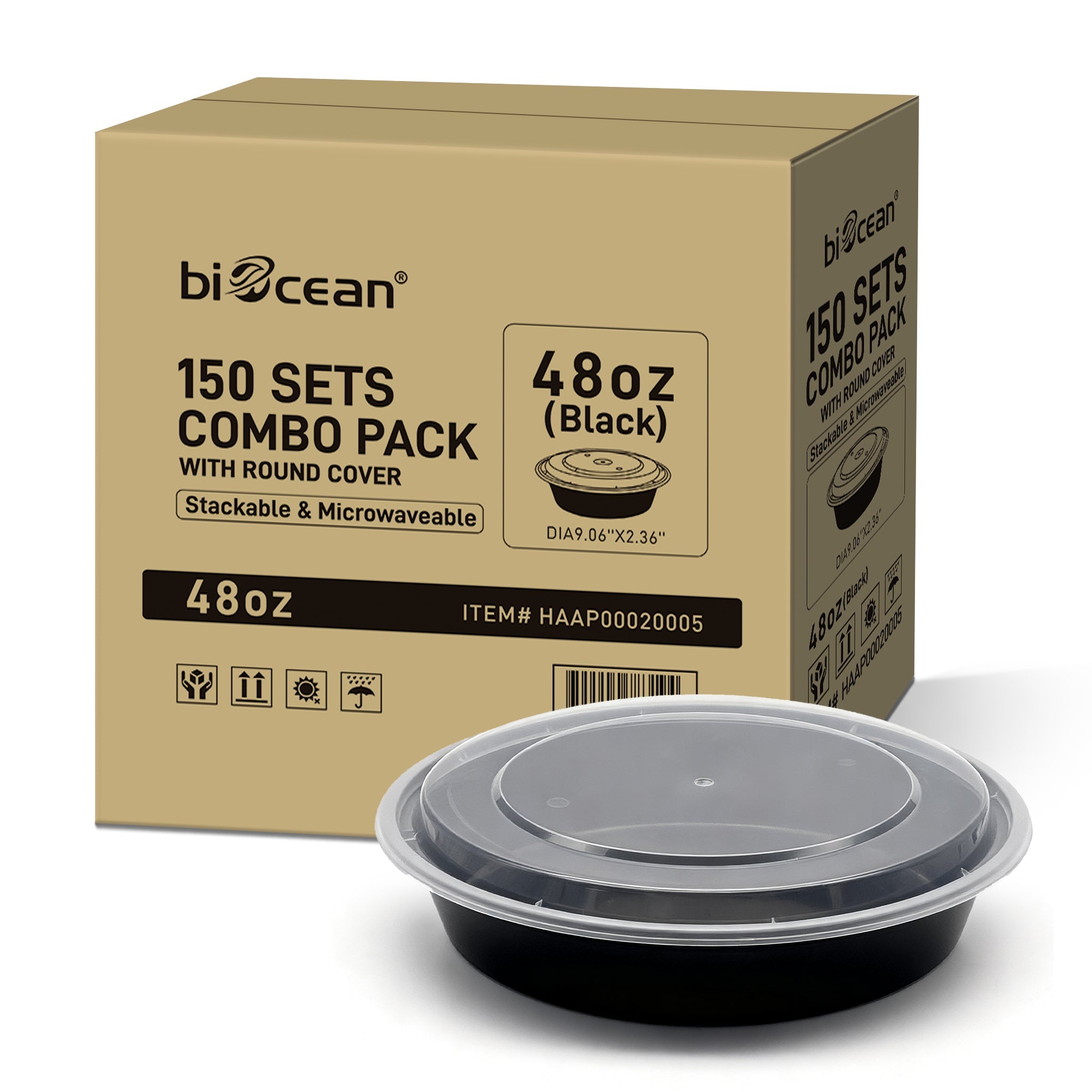 [150ct] 48 oz PP Plastic Microwaveable Takeout Containers & Lids | Round | Black - Biocean by Danube BlueBiocean