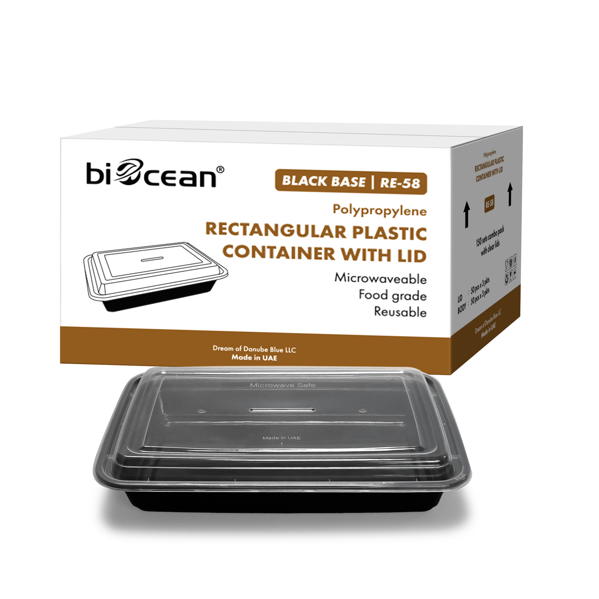 [150ct] 58 oz PP Plastic Microwavable take - out Containers & Lids | Rectangular | Black - Biocean by Danube BlueBiocean