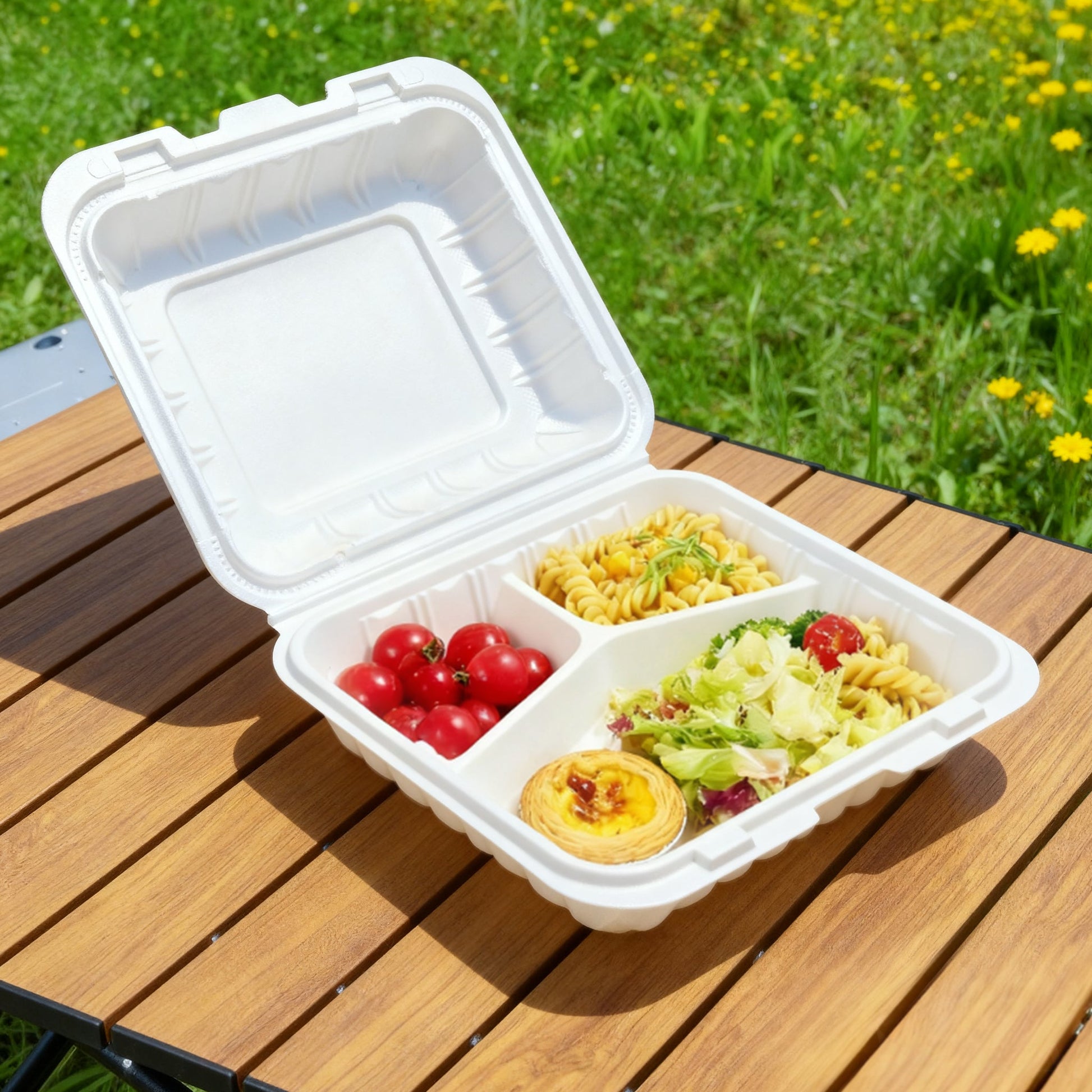 [150ct] 7" x 7" Microwaveable Mineral Filled PP Hinged Food Containers | 3-Compartment | White - Biocean by Danube BlueBiocean