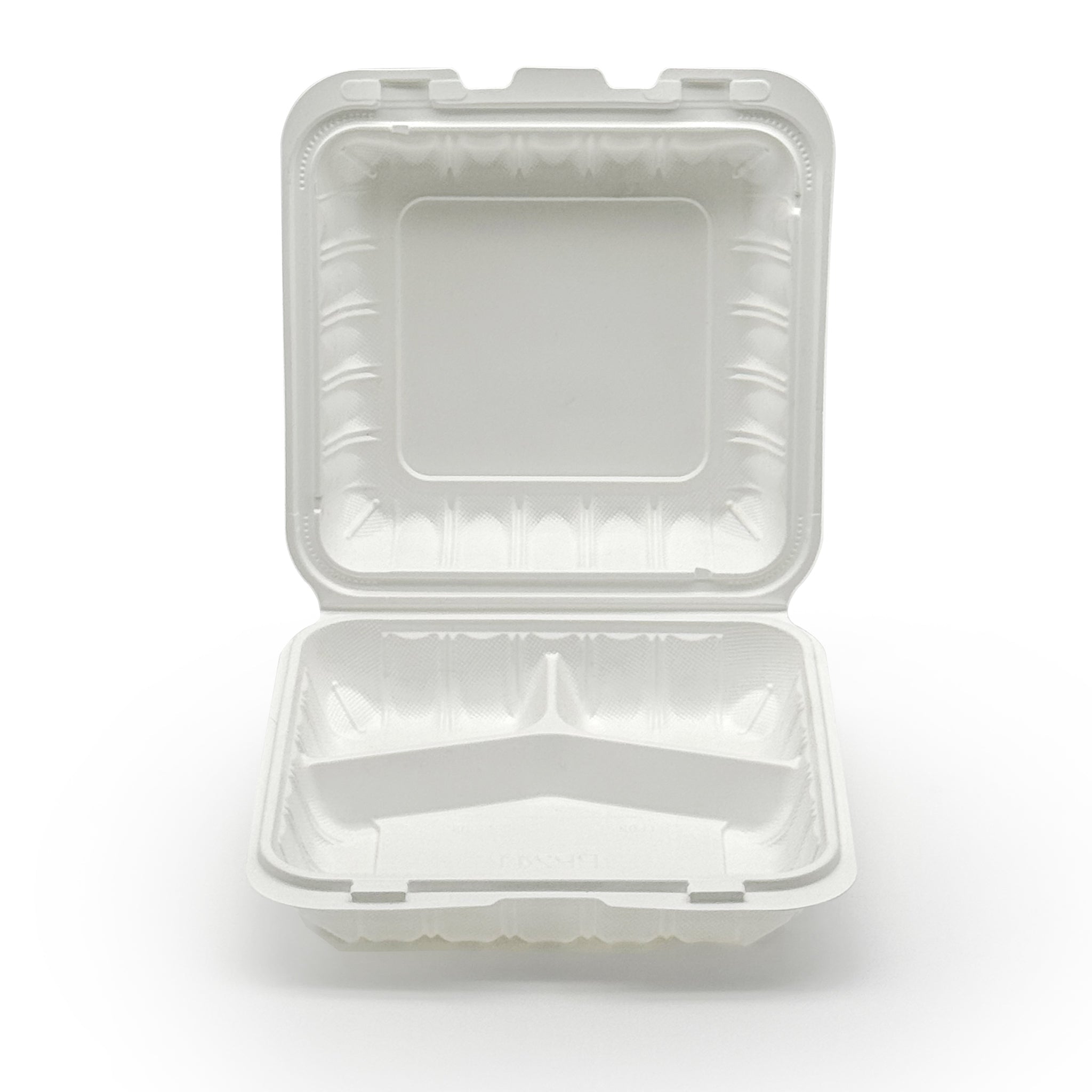 [150ct] 7" x 7" Microwaveable Mineral Filled PP Hinged Food Containers | 3-Compartment | White - Biocean by Danube BlueBiocean