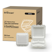 [150ct] 7" x 7" Microwaveable Mineral Filled PP Hinged Food Containers | 3-Compartment | White - Biocean by Danube BlueBiocean