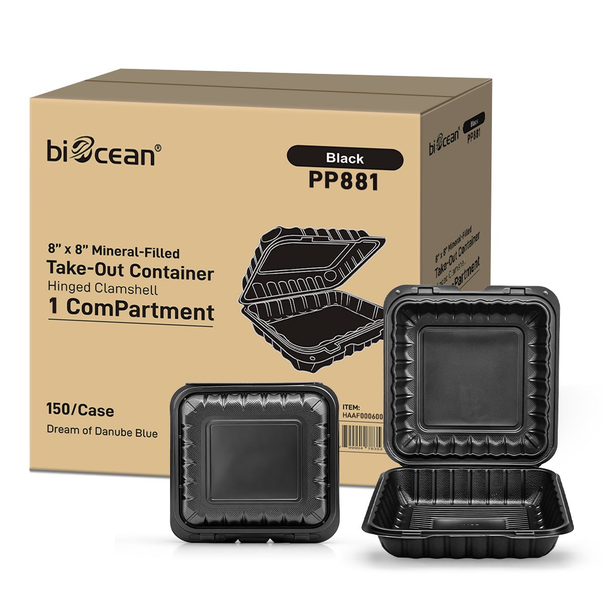 [150ct] 8" x 8" Microwaveable Mineral Filled PP Hinged Containers | Black - Biocean by Danube BlueBiocean