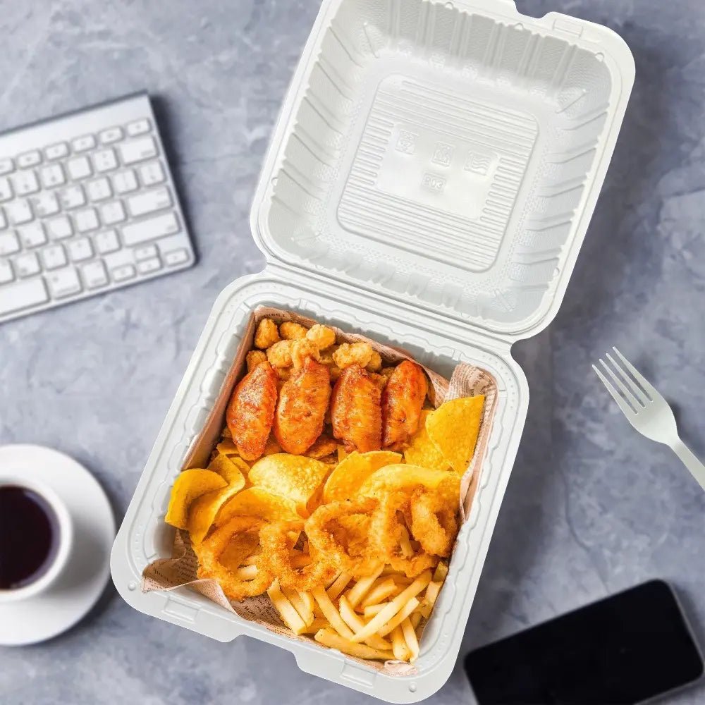 [150ct] 8" x 8" Microwaveable Mineral Filled PP Hinged Containers | White - Biocean by Danube BlueBiocean
