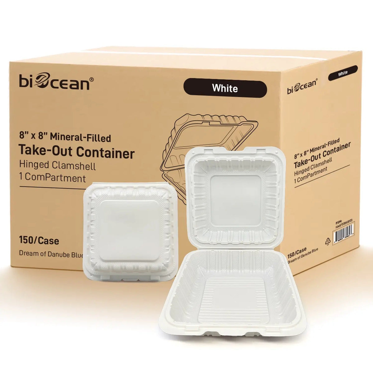 [150ct] 8" x 8" Microwaveable Mineral Filled PP Hinged Containers | White - Biocean by Danube BlueBiocean