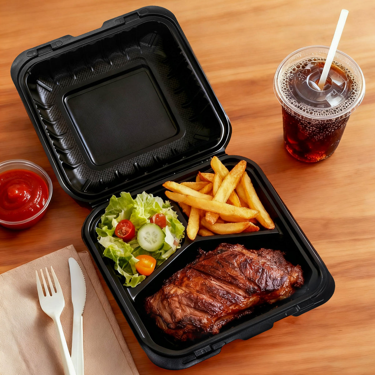 [150ct] 8" x 8" Microwaveable Mineral-Filled PP Hinged Food Containers | 3-Compartment | Black - Biocean by Danube BlueBiocean