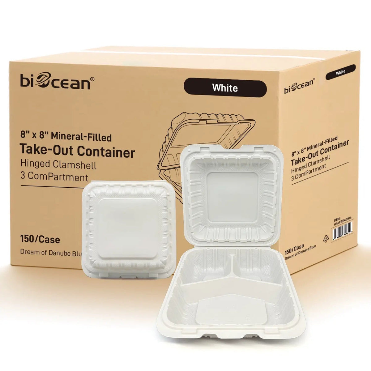 [150ct] 8"x 8" Microwaveable Mineral-Filled PP Hinged Food Containers | 3-Compartment | White - Biocean by Danube BlueBiocean