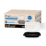 [150ct] 9" x 6" x 3" Premium PP Hinged Food Containers | 1 - Compartment | Clear and Black - Biocean by Danube BlueBiocean