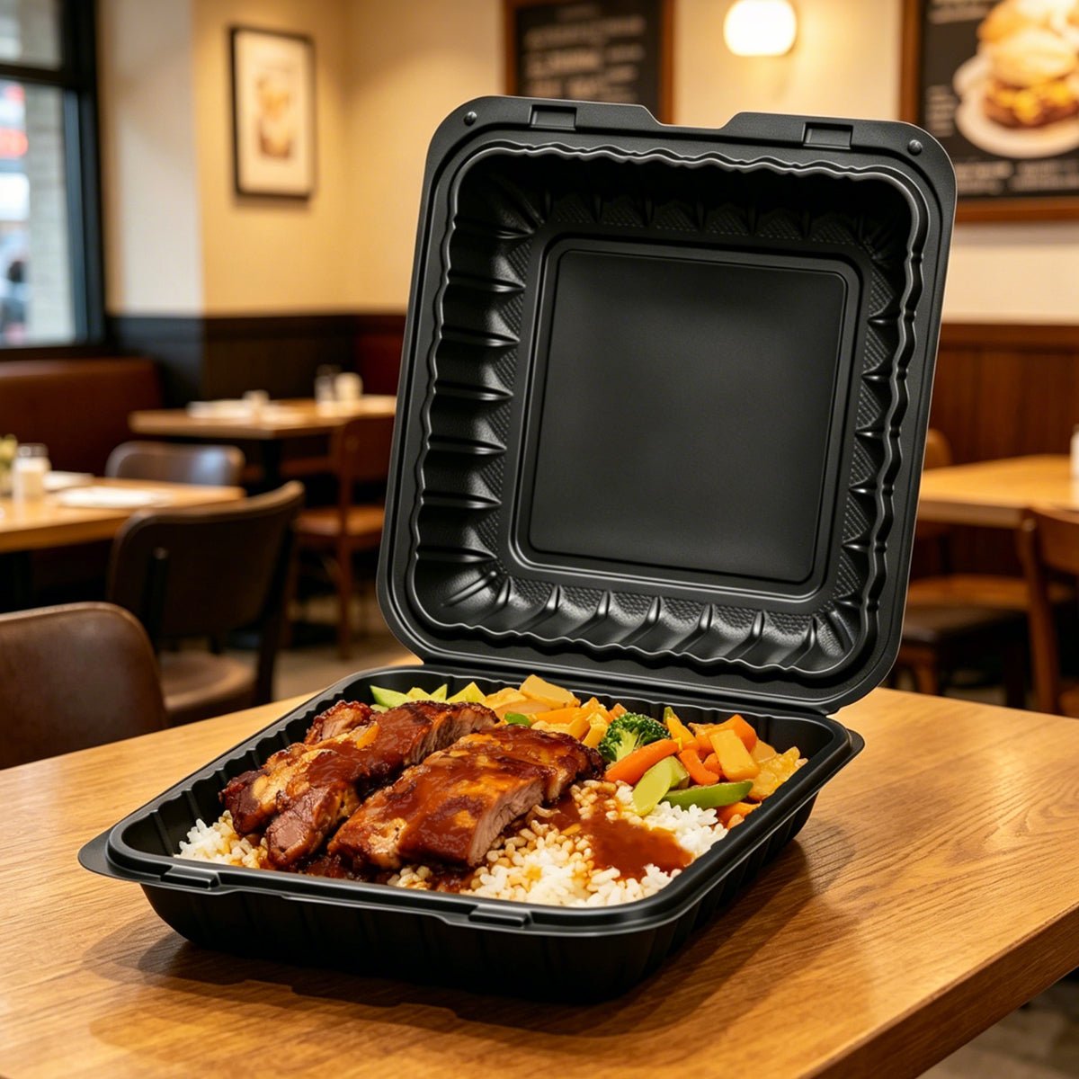 [150ct] 9" x 9" Microwaveable Mineral Filled PP Hinged Containers | Black - Biocean by Danube BlueBiocean