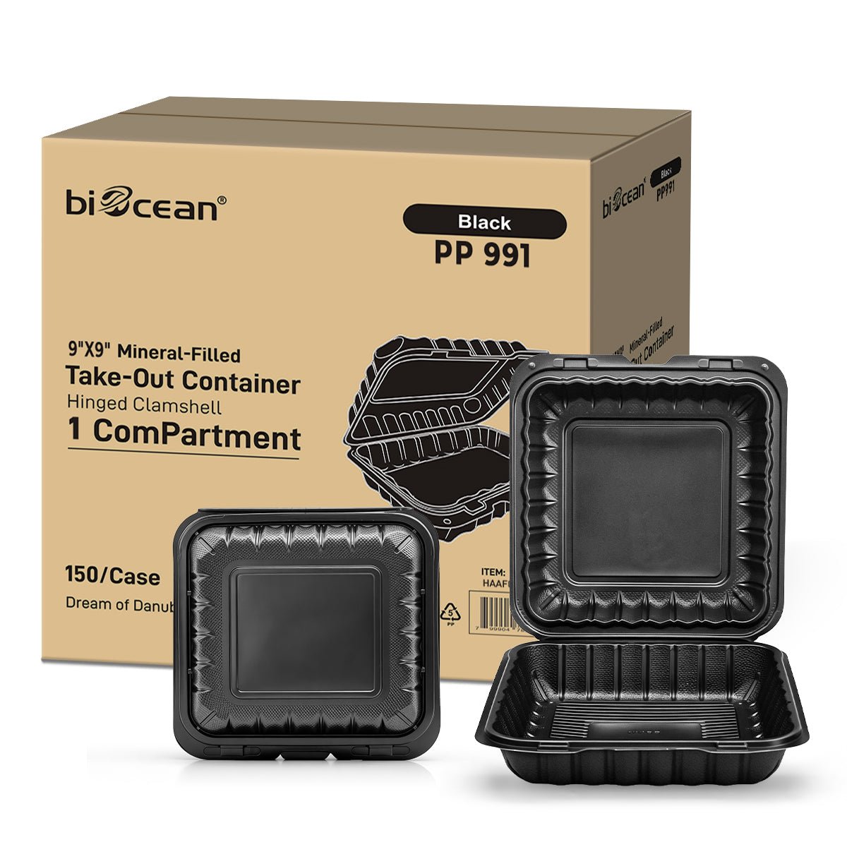 [150ct] 9" x 9" Microwaveable Mineral Filled PP Hinged Containers | Black - Biocean by Danube BlueBiocean