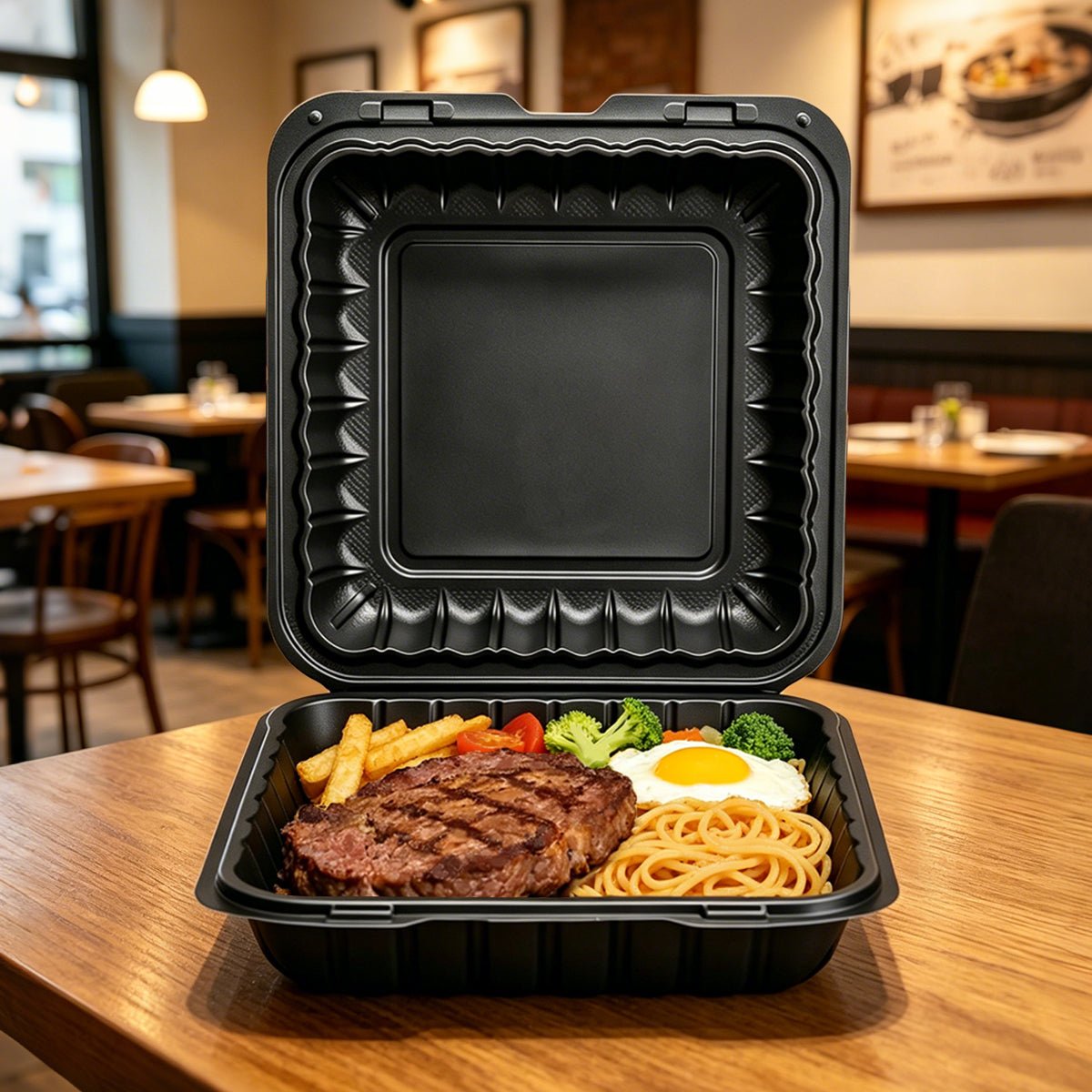 [150ct] 9" x 9" Microwaveable Mineral Filled PP Hinged Containers | Black - Biocean by Danube BlueBiocean