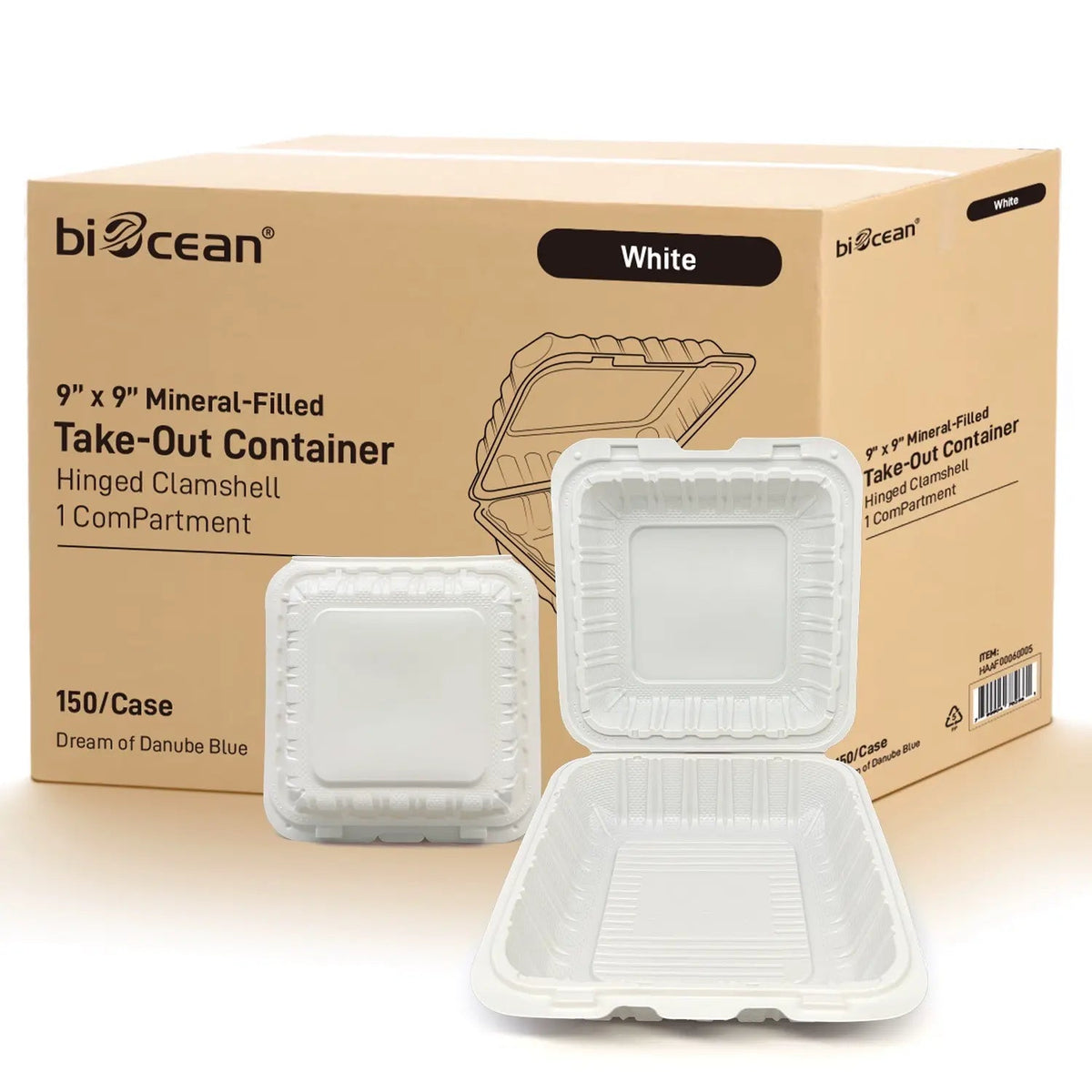 [150ct] 9" x 9" Microwaveable Mineral Filled PP Hinged Containers | White - Biocean by Danube BlueBiocean