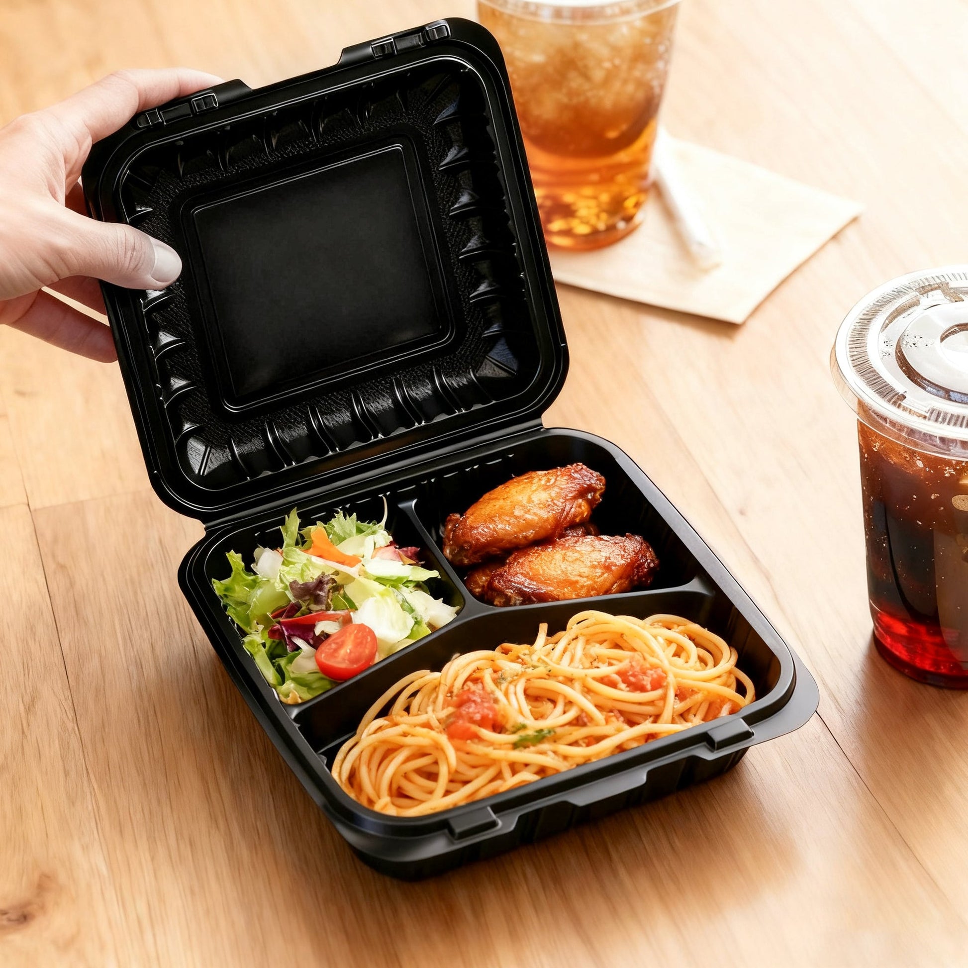 [150ct] 9" x 9" Microwaveable Mineral-Filled PP Hinged Food Containers | 3-Compartment | Black - Biocean by Danube BlueBiocean