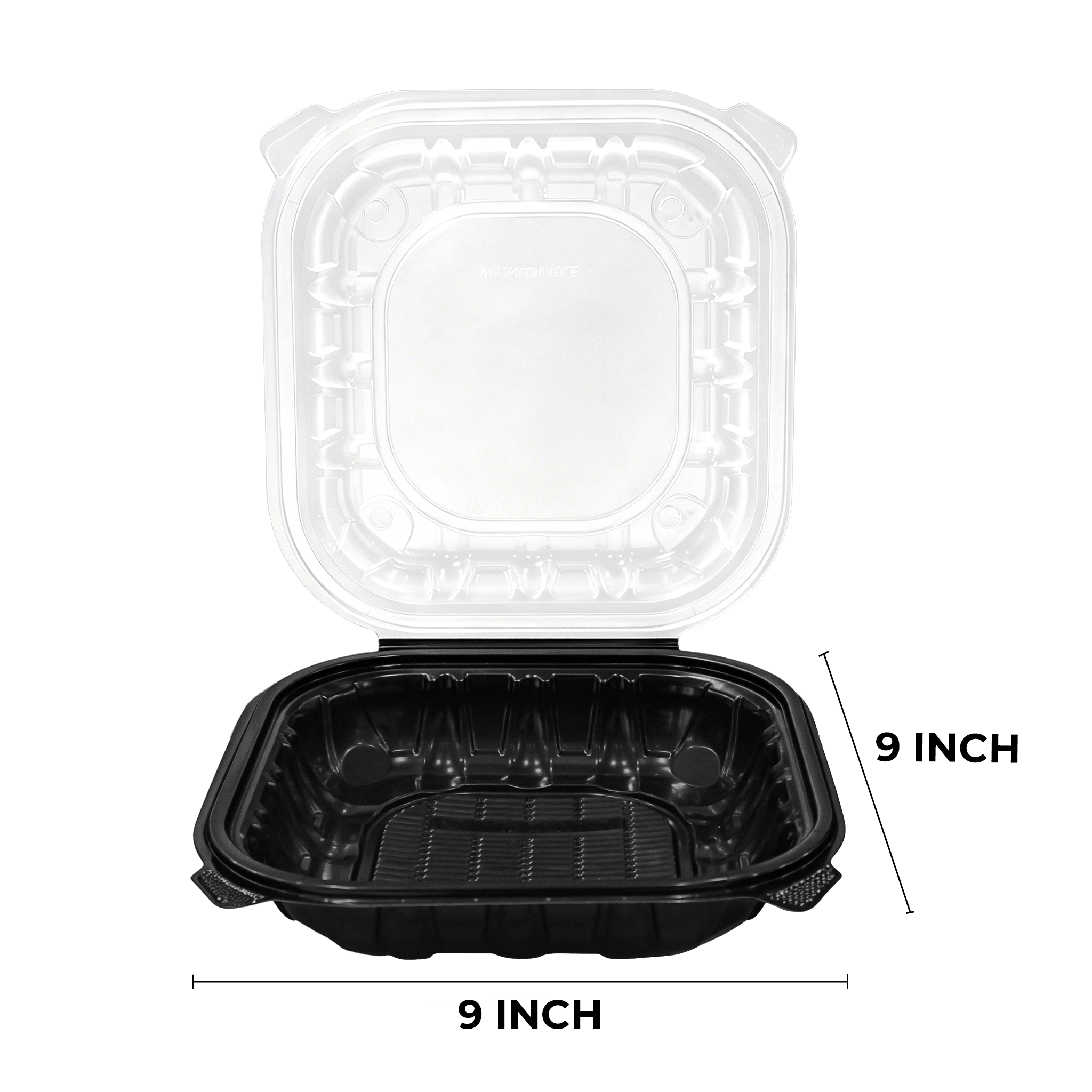 [150ct] 9" x 9" x 3" Premium PP Hinged Food Containers | 1 - Compartment | Clear and Black - Biocean by Danube BlueBiocean