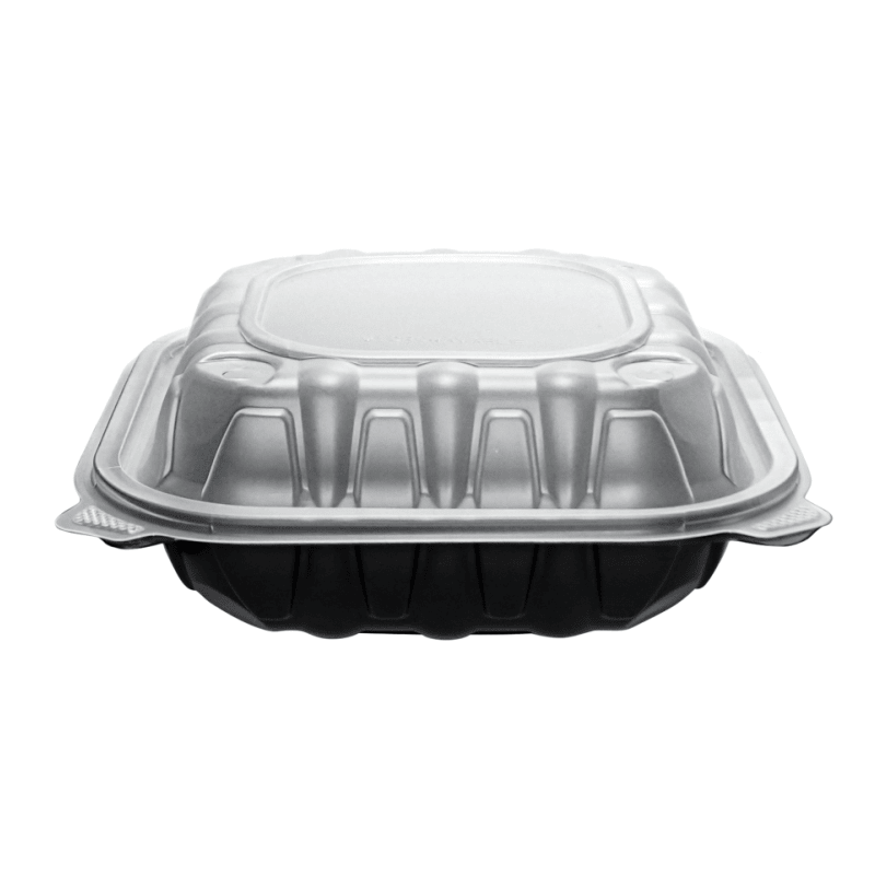 [150ct] 9" x 9" x 3" Premium PP Hinged Food Containers | 1 - Compartment | Clear and Black - Biocean by Danube BlueBiocean