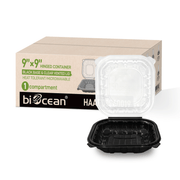 [150ct] 9" x 9" x 3" Premium PP Hinged Food Containers | 1 - Compartment | Clear and Black - Biocean by Danube BlueBiocean