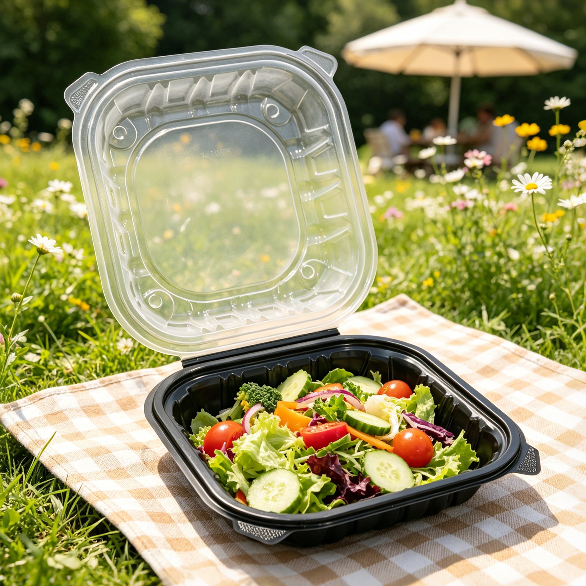 [150ct] 9" x 9" x 3" Premium PP Hinged Food Containers | 1 - Compartment | Clear and Black - Biocean by Danube BlueBiocean