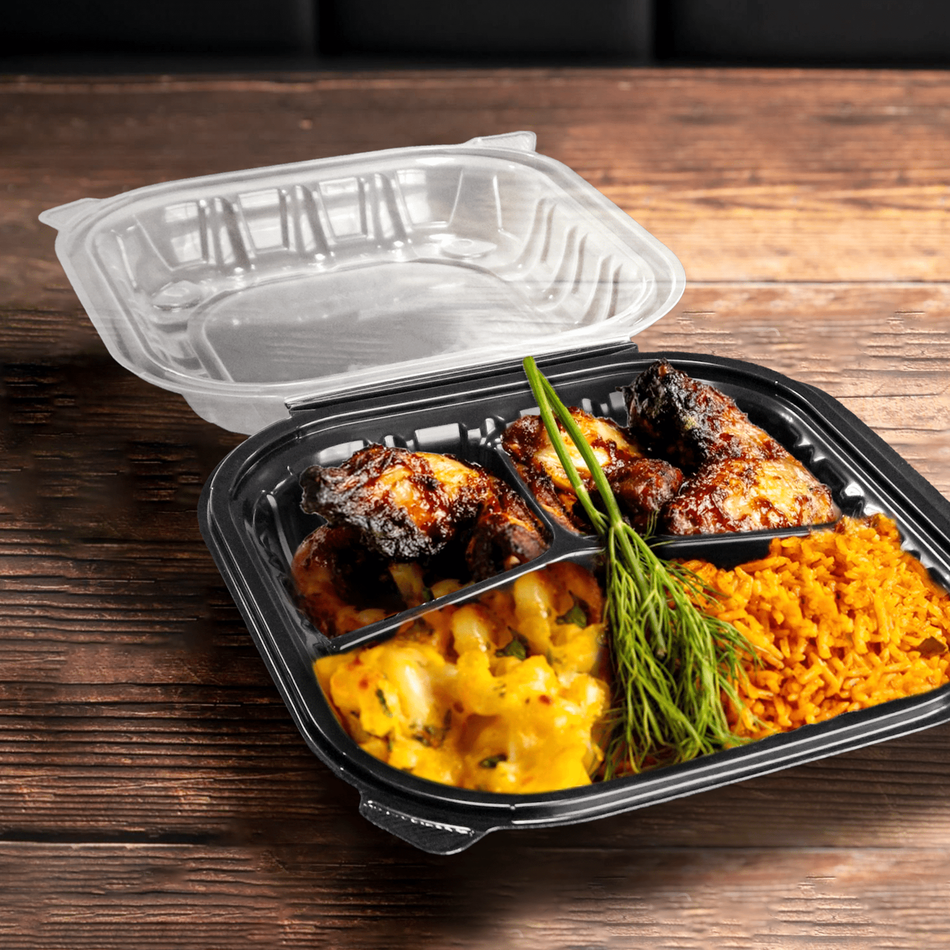 [150ct] 9" x 9" x 3" Premium PP Hinged Food Containers | 3 - Compartment | Clear and Black - Biocean by Danube BlueBiocean