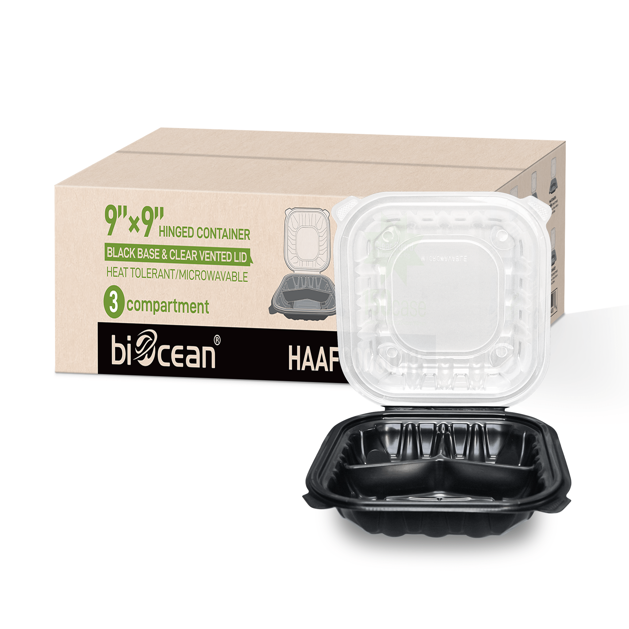 [150ct] 9" x 9" x 3" Premium PP Hinged Food Containers | 3 - Compartment | Clear and Black - Biocean by Danube BlueBiocean