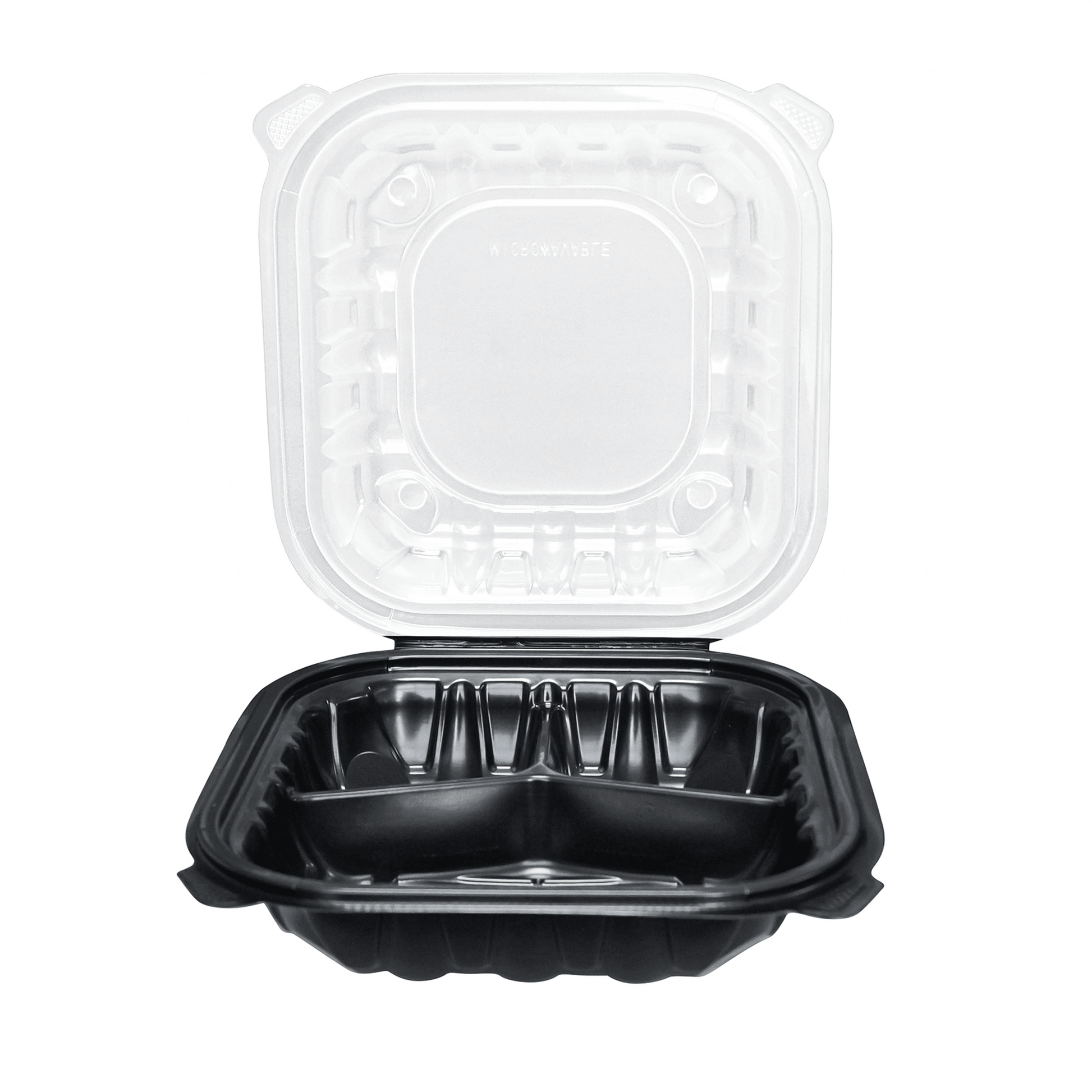 [150ct] 9" x 9" x 3" Premium PP Hinged Food Containers | 3 - Compartment | Clear and Black - Biocean by Danube BlueBiocean