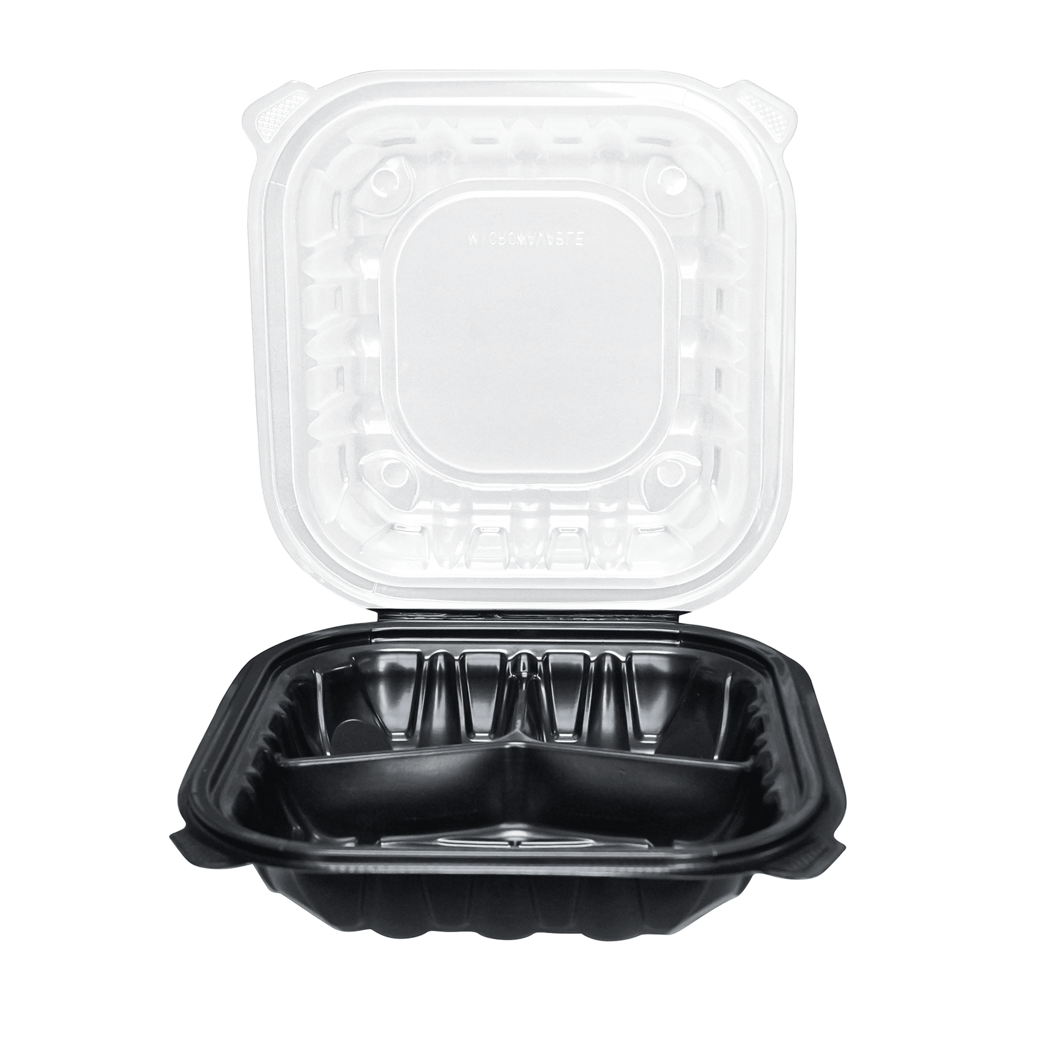 [150ct] 9" x 9" x 3" Premium PP Hinged Food Containers | 3 - Compartment | Clear and Black - Biocean by Danube BlueBiocean