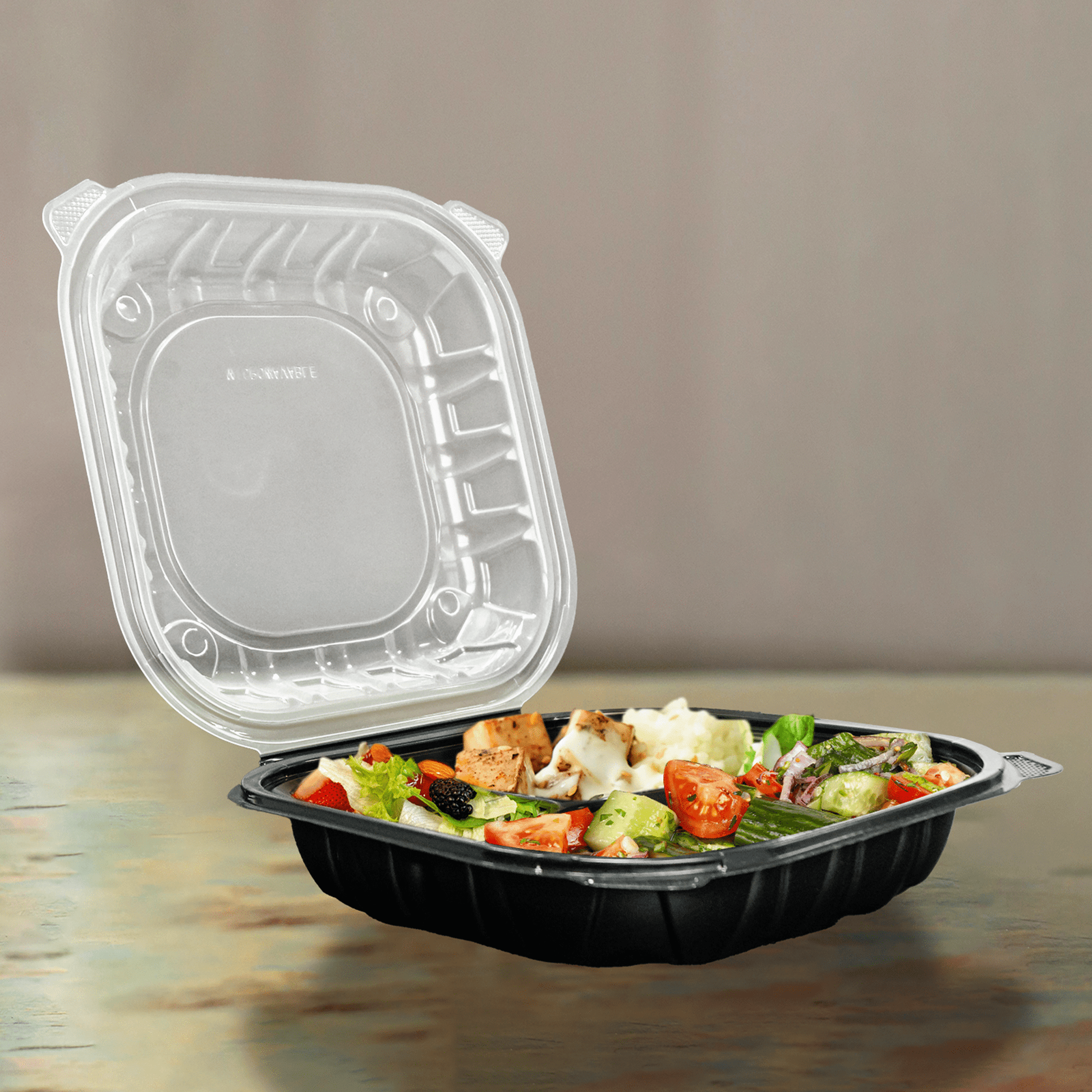[150ct] 9" x 9" x 3" Premium PP Hinged Food Containers | 3 - Compartment | Clear and Black - Biocean by Danube BlueBiocean