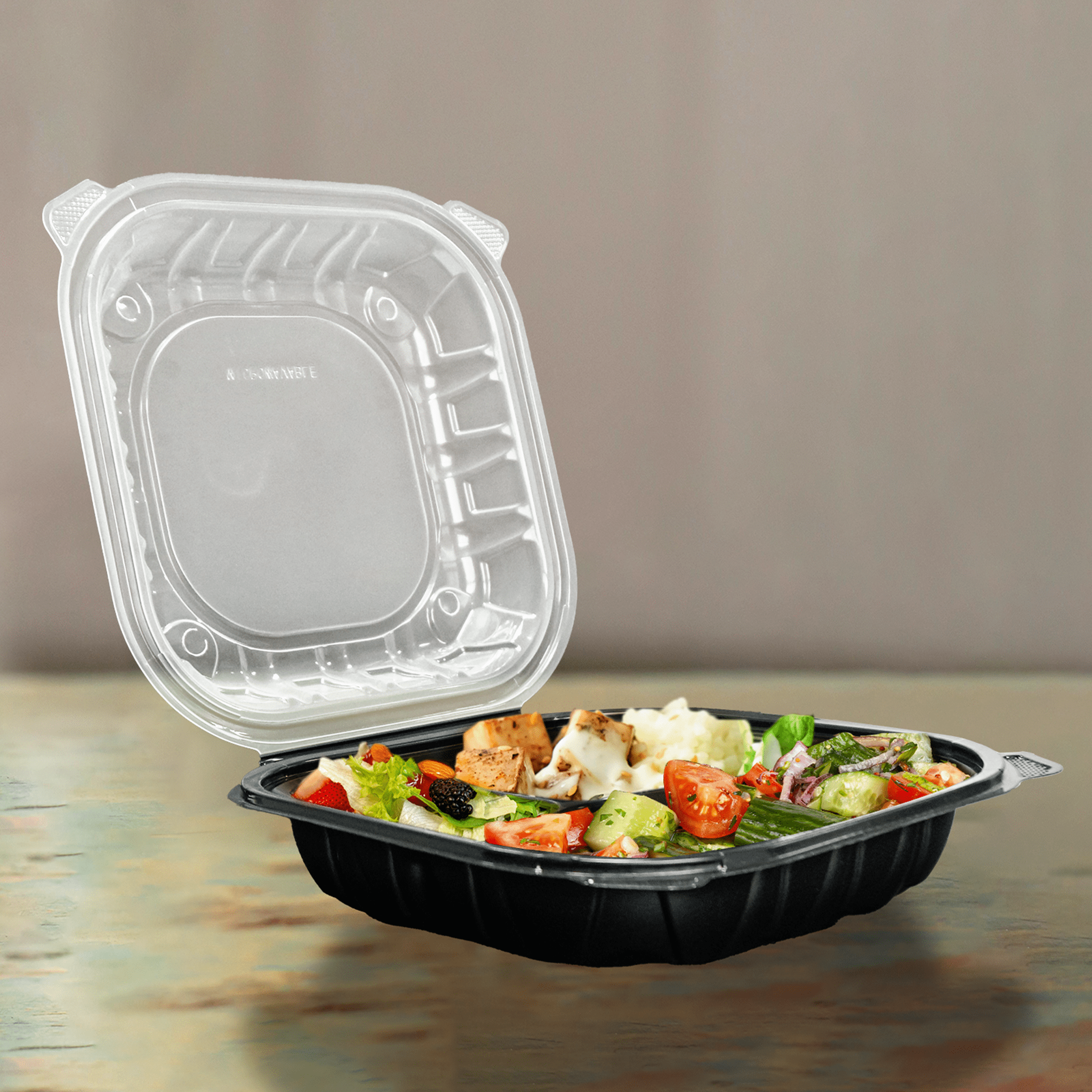 [150ct] 9" x 9" x 3" Premium PP Hinged Food Containers | 3 - Compartment | Clear and Black - Biocean by Danube BlueBiocean