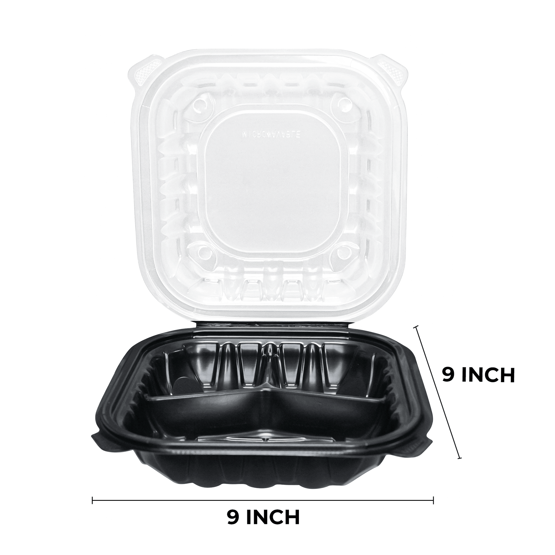 [150ct] 9" x 9" x 3" Premium PP Hinged Food Containers | 3 - Compartment | Clear and Black - Biocean by Danube BlueBiocean