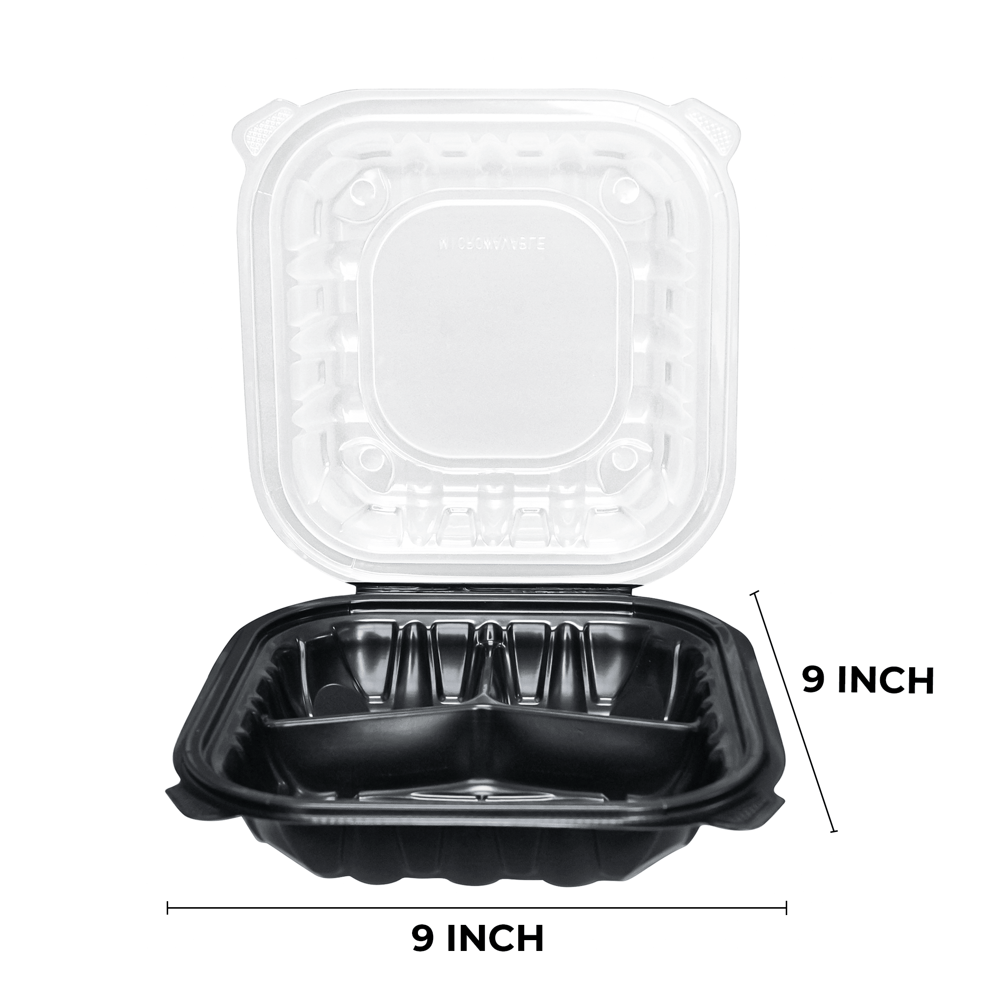 [150ct] 9" x 9" x 3" Premium PP Hinged Food Containers | 3 - Compartment | Clear and Black - Biocean by Danube BlueBiocean