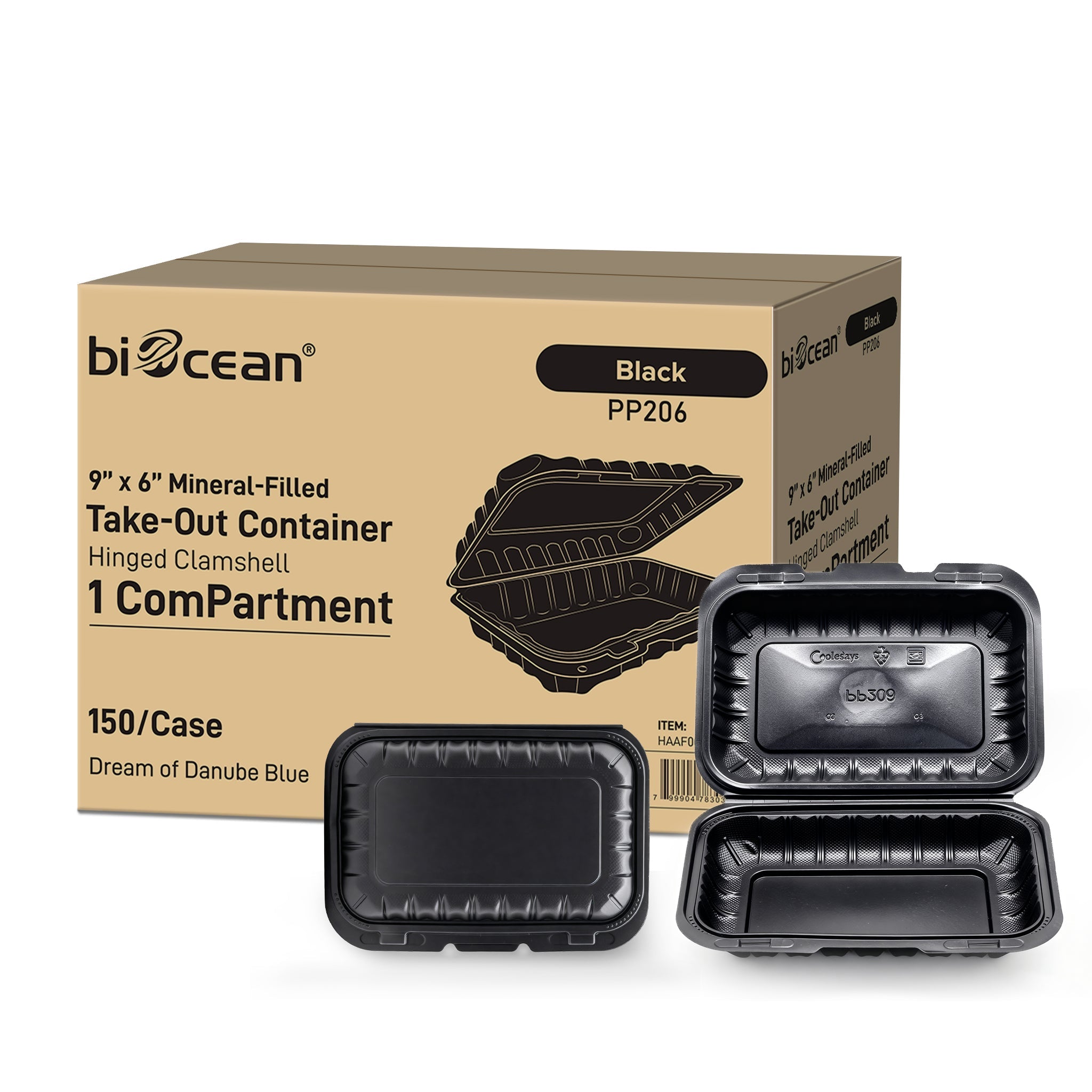 [150ct] 9"x 6" Microwaveable Mineral Filled PP Hinged Containers | Black - Biocean by Danube BlueBiocean